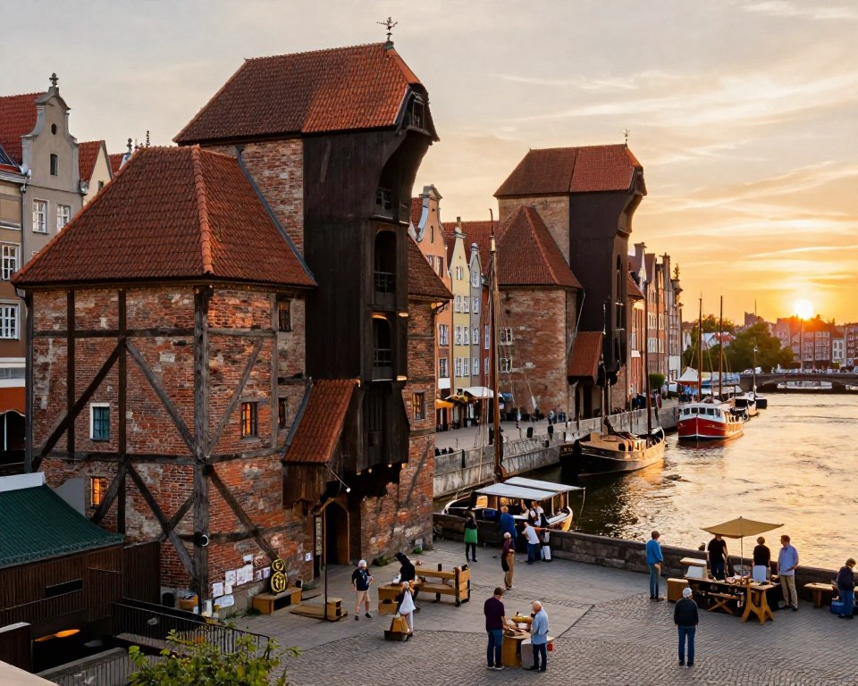 A historical representation of the granaries of Gdańsk, showcasing a picturesque scene of the Spichlerze Island. In the foreground, feature a beautifully detailed old granary with weathered wooden beams and brick walls, reflecting the architectural style of the Hanseatic period. In the middle ground, illustrate a bustling waterfront with small boats moored beside the granaries, and people in modest casual clothing engaging in trade and daily activities. The background should display a soft sunset casting warm golden hues over the scene, highlighting the silhouettes of nearby historic buildings and the river. Utilize warm, inviting lighting to create a nostalgic and vibrant atmosphere, capturing the essence of the rich history and development of Gdańsk's infrastructure. The angle should be slightly elevated, providing a comprehensive view of this lively environment.