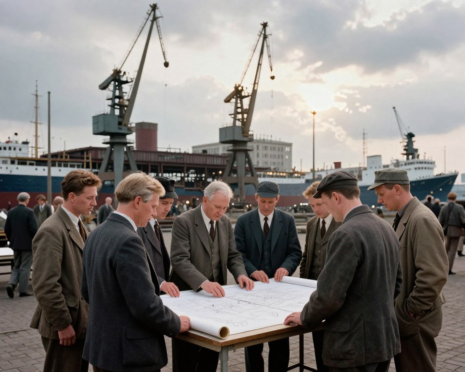 A historical scene depicting the origins and initiation of the Gdańsk Shipyard strike in August 1980. In the foreground, a group of workers in professional attire gather around a large blueprints table, showcasing determination and collaboration. The middle ground features the iconic shipyard architecture, with cranes and ships partially visible, symbolizing industrial strength and labor. The background includes a cloudy sky, suggesting tension and uncertainty of the era. Soft sunlight breaks through the clouds, creating a hopeful ambiance. The scene should evoke a sense of unity and resolve among the workers, with an emphasis on their expressions of commitment. Use a wide-angle lens to capture the vastness of the shipyard while maintaining focus on the individuals and their collaboration. A historical scene depicting the origins and initiation of the Gdańsk Shipyard strike in August 1980. In the foreground, a group of workers in professional attire gather around a large blueprints table, showcasing determination and collaboration. The middle ground features the iconic shipyard architecture, with cranes and ships partially visible, symbolizing industrial strength and labor. The background includes a cloudy sky, suggesting tension and uncertainty of the era. Soft sunlight breaks through the clouds, creating a hopeful ambiance. The scene should evoke a sense of unity and resolve among the workers, with an emphasis on their expressions of commitment. Use a wide-angle lens to capture the vastness of the shipyard while maintaining focus on the individuals and their collaboration.