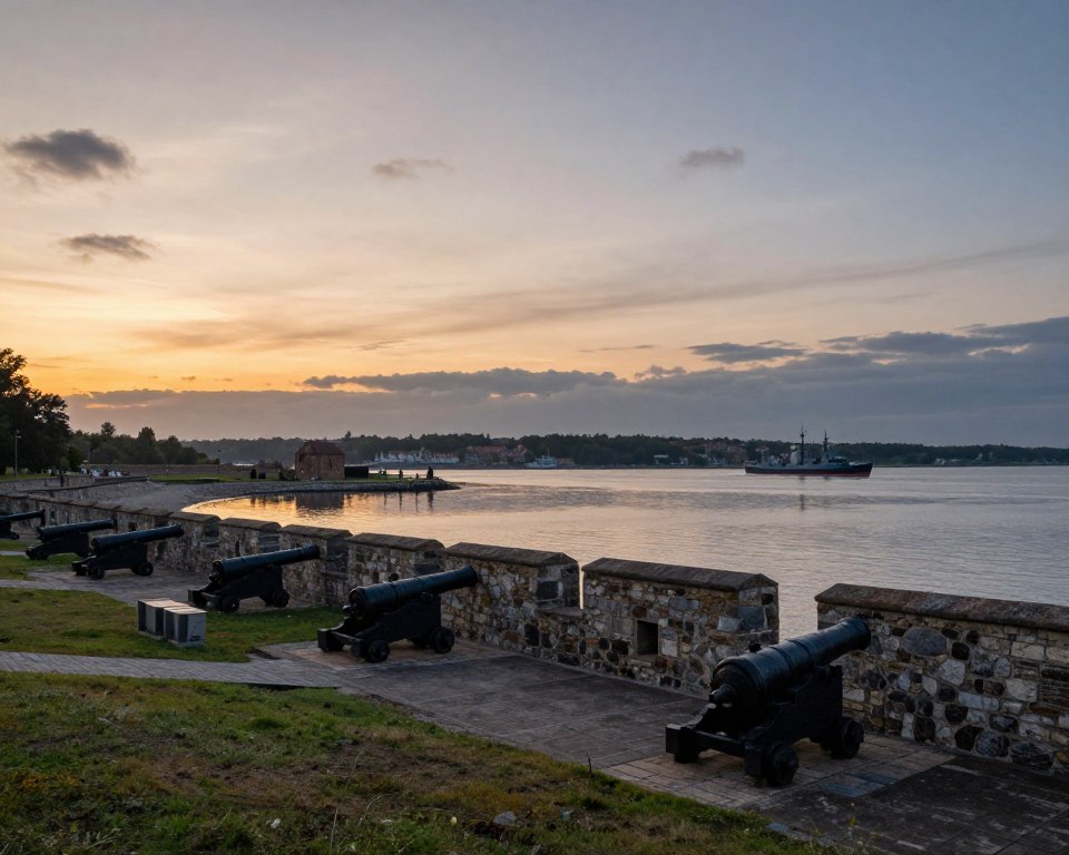A historical scene depicting the strategic defense of Westerplatte in Gdańsk, blending elements of both the past and present. In the foreground, a fortified military structure resembling the original garrison is shown, with weathered stone walls and period-accurate cannons, suggesting readiness for conflict. In the middle ground, a serene bay with gentle waves reflects the surrounding landscape, while ship silhouettes hint at naval presence. The background features a dramatic sky painted in soft orange and blue hues, indicating dawn or dusk, casting an evocative glow over the scene. Utilize a wide-angle lens perspective to capture the vastness of the landscape, and ensure the atmosphere conveys a sense of solemn reflection and historical significance. A historical scene depicting the strategic defense of Westerplatte in Gdańsk, blending elements of both the past and present. In the foreground, a fortified military structure resembling the original garrison is shown, with weathered stone walls and period-accurate cannons, suggesting readiness for conflict. In the middle ground, a serene bay with gentle waves reflects the surrounding landscape, while ship silhouettes hint at naval presence. The background features a dramatic sky painted in soft orange and blue hues, indicating dawn or dusk, casting an evocative glow over the scene. Utilize a wide-angle lens perspective to capture the vastness of the landscape, and ensure the atmosphere conveys a sense of solemn reflection and historical significance.