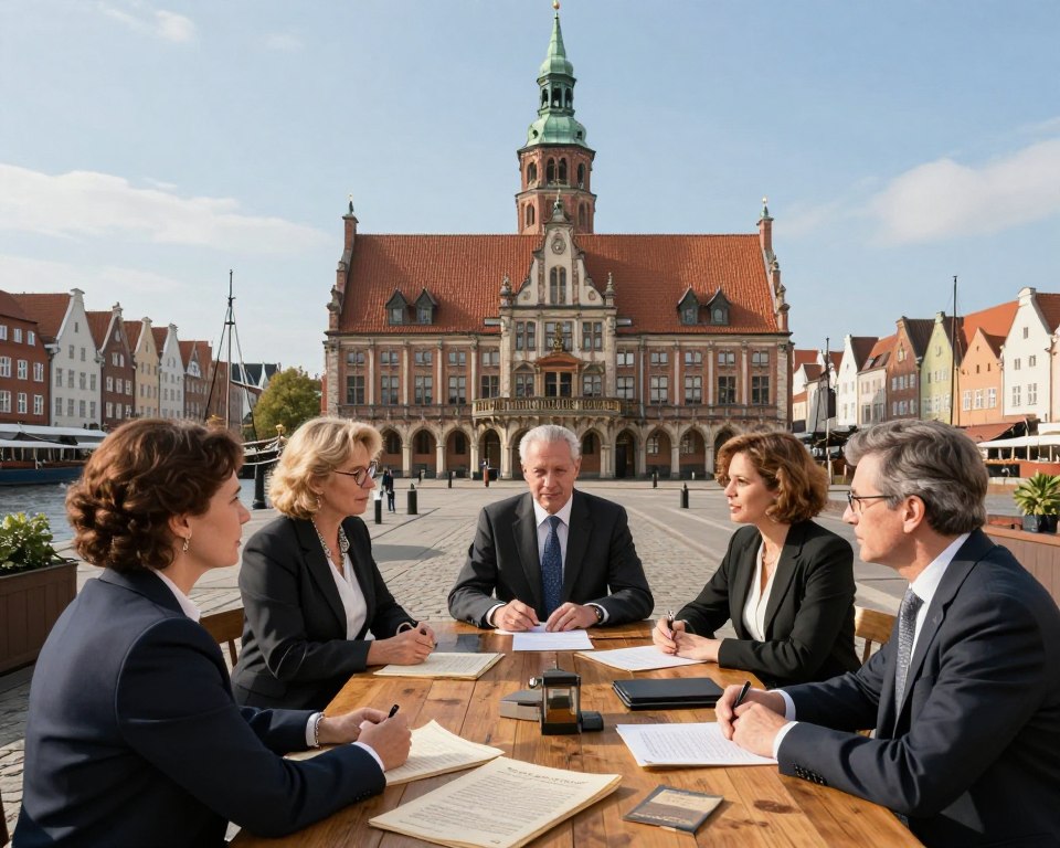 A historically inspired scene depicting the legal system and administrative structure of the Free City of Gdańsk. In the foreground, a group of diverse professionals, including men and women in formal business attire, are engaged in a discussion around a large oak table covered with historical documents and legal texts. In the middle ground, a detailed replica of the Gdańsk Town Hall stands majestically, symbolizing governance and law. The background features a picturesque view of the old port, with traditional buildings and ships, under a clear blue sky illuminated by soft, warm sunlight, creating a thoughtful and professional atmosphere. Use a slightly elevated angle to capture the entire scene, ensuring a sense of depth and context. A historically inspired scene depicting the legal system and administrative structure of the Free City of Gdańsk. In the foreground, a group of diverse professionals, including men and women in formal business attire, are engaged in a discussion around a large oak table covered with historical documents and legal texts. In the middle ground, a detailed replica of the Gdańsk Town Hall stands majestically, symbolizing governance and law. The background features a picturesque view of the old port, with traditional buildings and ships, under a clear blue sky illuminated by soft, warm sunlight, creating a thoughtful and professional atmosphere. Use a slightly elevated angle to capture the entire scene, ensuring a sense of depth and context.