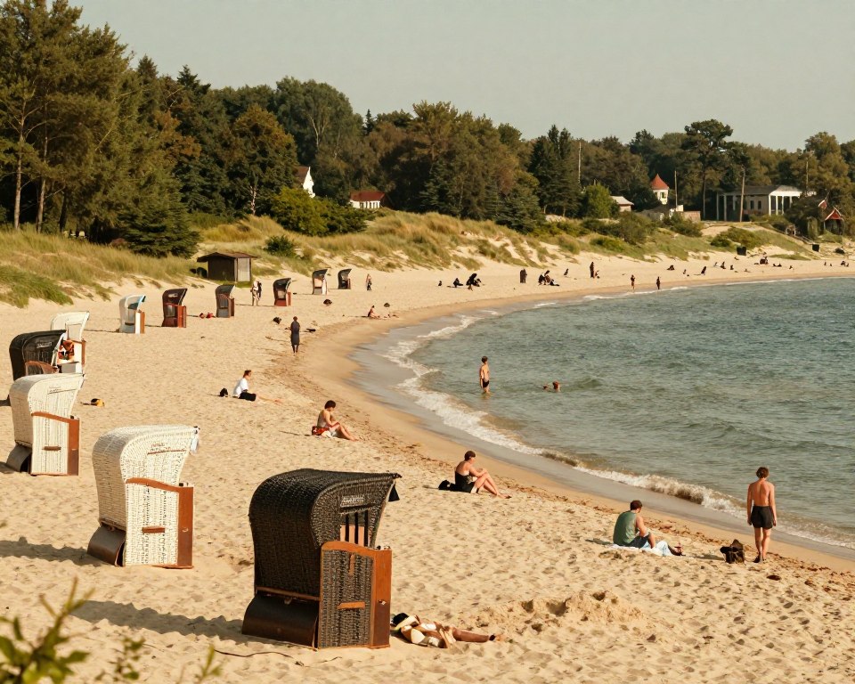 A historically inspired view of the bathing beaches on Sobieszewska Island, showcasing the evolution of the area over time. In the foreground, depict serene sandy shores lined with small wooden beach cabins from the early 20th century, with people in modest casual clothing enjoying the sun. The middle ground features a picturesque landscape of gentle waves lapping against the beach and a few people swimming in the calm sea. In the background, illustrate green dunes and a dense forest, with a hint of early 20th-century architecture peeking through the trees. The scene is bathed in warm, golden sunlight, evoking a nostalgic and tranquil atmosphere, with a soft focus to highlight the historical essence of the island. The image should evoke a sense of peace and connection to nature, with no text or modern distractions. A historically inspired view of the bathing beaches on Sobieszewska Island, showcasing the evolution of the area over time. In the foreground, depict serene sandy shores lined with small wooden beach cabins from the early 20th century, with people in modest casual clothing enjoying the sun. The middle ground features a picturesque landscape of gentle waves lapping against the beach and a few people swimming in the calm sea. In the background, illustrate green dunes and a dense forest, with a hint of early 20th-century architecture peeking through the trees. The scene is bathed in warm, golden sunlight, evoking a nostalgic and tranquil atmosphere, with a soft focus to highlight the historical essence of the island. The image should evoke a sense of peace and connection to nature, with no text or modern distractions.