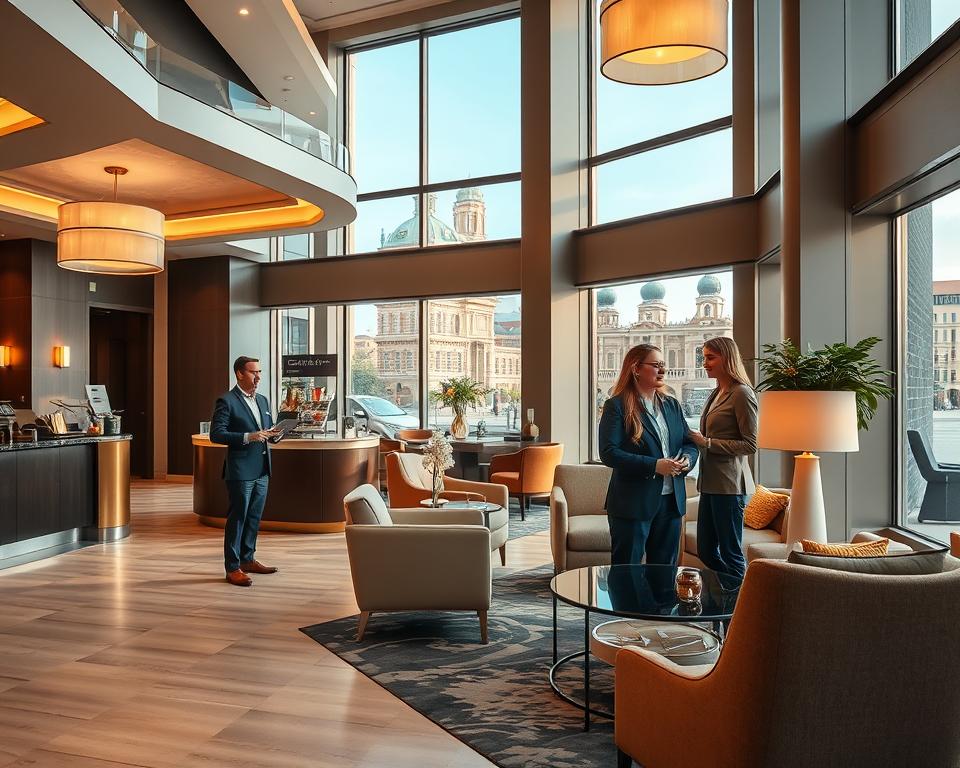 A luxurious hotel lobby featuring inviting amenities for guests, including comfortable seating areas, elegant light fixtures, and tasteful decor. In the foreground, a friendly concierge, dressed in professional attire, greets a couple checking in, showcasing hospitality. The middle ground highlights a cozy coffee corner with an array of refreshments and a stylish seating arrangement, encouraging relaxation. In the background, large windows reveal a picturesque view of Gdańsk's historical architecture, warmly lit by afternoon sunlight, creating a welcoming and vibrant atmosphere. The image should capture the essence of comfort and functionality, emphasizing the hotel's commitment to guest satisfaction, with soft, natural lighting and a focus on inviting details that enhance the overall ambience.