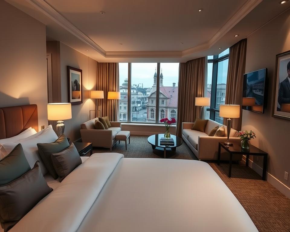 A luxurious hotel room in Gdańsk showcasing comfort and amenities. The foreground features a plush king-sized bed with elegant linens and stylish decorative pillows. Beside the bed, a sleek nightstand holds a decorative lamp casting warm, inviting light. In the middle, a spacious sitting area includes a modern sofa and a coffee table, adorned with fresh flowers. Large windows reveal a stunning view of Gdańsk’s historic architecture outside. The background includes tasteful artwork on the walls and soft, neutral tones throughout the room, enhancing a cozy atmosphere. The lighting is soft and ambient, creating a welcoming environment. The overall mood should evoke relaxation and sophistication, suitable for discerning travelers. A luxurious hotel room in Gdańsk showcasing comfort and amenities. The foreground features a plush king-sized bed with elegant linens and stylish decorative pillows. Beside the bed, a sleek nightstand holds a decorative lamp casting warm, inviting light. In the middle, a spacious sitting area includes a modern sofa and a coffee table, adorned with fresh flowers. Large windows reveal a stunning view of Gdańsk’s historic architecture outside. The background includes tasteful artwork on the walls and soft, neutral tones throughout the room, enhancing a cozy atmosphere. The lighting is soft and ambient, creating a welcoming environment. The overall mood should evoke relaxation and sophistication, suitable for discerning travelers.
