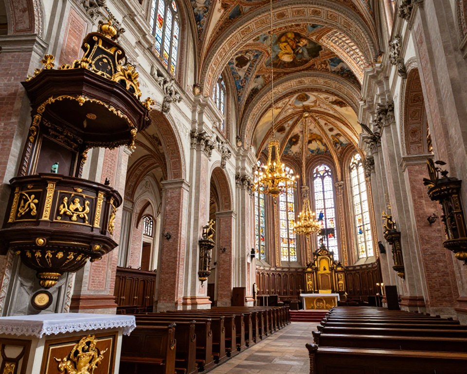 A majestic interior view of the Oliwa Cathedral in Gdańsk, showcasing its stunning Baroque architecture and intricate details. In the foreground, the ornate wooden altar is highlighted, featuring intricate carvings and gold embellishments. The middle ground reveals the breathtaking vaulted ceilings adorned with frescoes and elaborate chandeliers that cast a warm, inviting glow. The soft, natural light filters through stained glass windows, illuminating the space with vibrant colors. In the background, rows of pews extend towards the altar, creating a sense of depth and perspective. The atmosphere is serene and reverent, inviting viewers to reflect on the cathedral's rich history and architectural beauty. Use a wide-angle lens to capture the grandeur of the space, with a focus on details and textures that convey the craftsmanship of this historic site. A majestic interior view of the Oliwa Cathedral in Gdańsk, showcasing its stunning Baroque architecture and intricate details. In the foreground, the ornate wooden altar is highlighted, featuring intricate carvings and gold embellishments. The middle ground reveals the breathtaking vaulted ceilings adorned with frescoes and elaborate chandeliers that cast a warm, inviting glow. The soft, natural light filters through stained glass windows, illuminating the space with vibrant colors. In the background, rows of pews extend towards the altar, creating a sense of depth and perspective. The atmosphere is serene and reverent, inviting viewers to reflect on the cathedral's rich history and architectural beauty. Use a wide-angle lens to capture the grandeur of the space, with a focus on details and textures that convey the craftsmanship of this historic site.