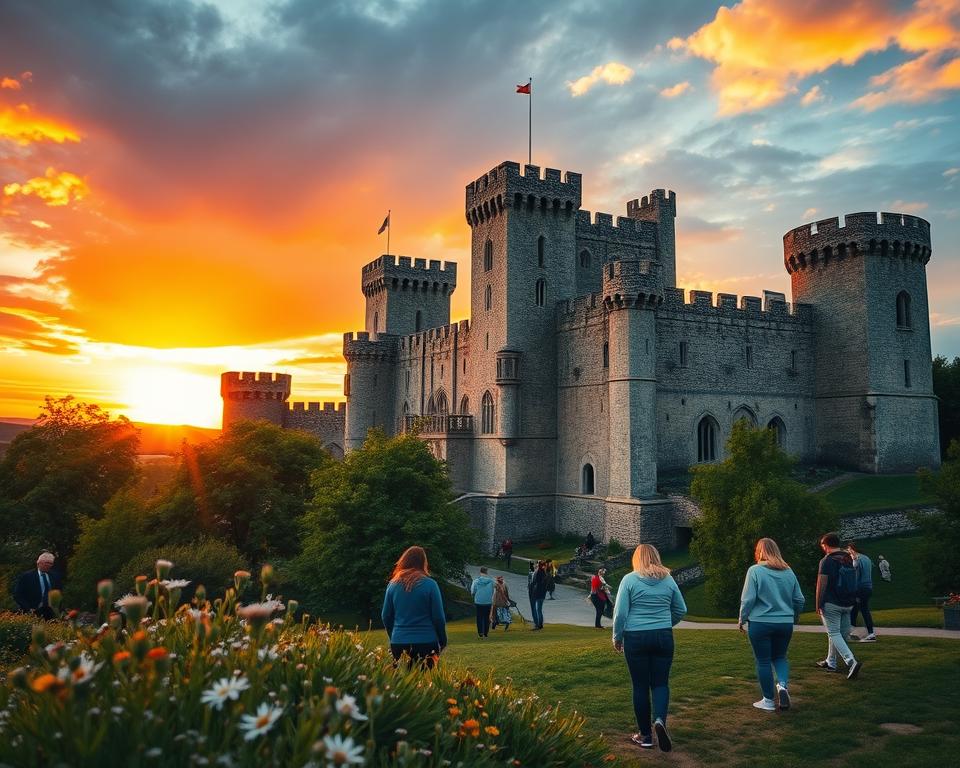 A majestic medieval castle set against a vibrant sunset, showcasing intricate Gothic architecture and formidable stone walls, reflecting its historical significance in European heritage. In the foreground, lush green landscapes with wildflowers add a touch of color, while visitors dressed in modest casual clothing explore the grounds, marveling at the structure. The middle ground features the castle's imposing towers and semicircular battlements, framed by verdant trees to enhance its grandeur. The background captures a dramatic sky, casting warm, golden light that illuminates the castle’s details, creating a serene yet awe-inspiring atmosphere. The composition is oriented at a slight angle to emphasize depth, and the scene is meticulously detailed to draw viewers into the rich history and significance of this remarkable structure. A majestic medieval castle set against a vibrant sunset, showcasing intricate Gothic architecture and formidable stone walls, reflecting its historical significance in European heritage. In the foreground, lush green landscapes with wildflowers add a touch of color, while visitors dressed in modest casual clothing explore the grounds, marveling at the structure. The middle ground features the castle's imposing towers and semicircular battlements, framed by verdant trees to enhance its grandeur. The background captures a dramatic sky, casting warm, golden light that illuminates the castle’s details, creating a serene yet awe-inspiring atmosphere. The composition is oriented at a slight angle to emphasize depth, and the scene is meticulously detailed to draw viewers into the rich history and significance of this remarkable structure.