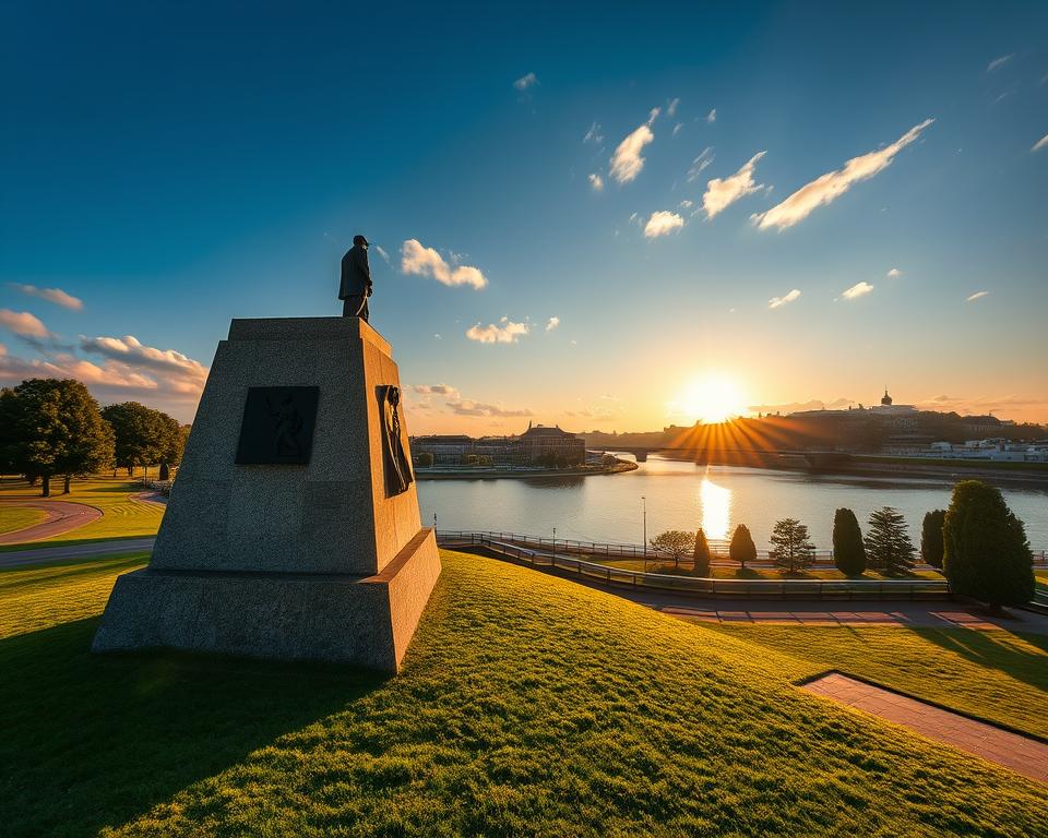A majestic view of the Pomnik obrońców Westerplatte, a symbol of courage and heritage, stands prominently in the foreground, capturing the intricate details of its structure with granite textures and solemn statues. Surrounding the monument, lush green grass and well-maintained pathways invite visitors to reflect on its historical significance. In the middle ground, a tranquil river reflects the monument's silhouette, enhancing the peaceful atmosphere. In the background, the Gdańsk skyline, with its historic buildings, subtly underlines the importance of this location. The scene is bathed in warm, golden sunlight during the golden hour, creating a serene and reverent mood. The perspective is slightly low-angle, emphasizing the monument's grandeur against a clear blue sky, while soft clouds drift lazily overhead, contributing to a sense of serenity and contemplation. A majestic view of the Pomnik obrońców Westerplatte, a symbol of courage and heritage, stands prominently in the foreground, capturing the intricate details of its structure with granite textures and solemn statues. Surrounding the monument, lush green grass and well-maintained pathways invite visitors to reflect on its historical significance. In the middle ground, a tranquil river reflects the monument's silhouette, enhancing the peaceful atmosphere. In the background, the Gdańsk skyline, with its historic buildings, subtly underlines the importance of this location. The scene is bathed in warm, golden sunlight during the golden hour, creating a serene and reverent mood. The perspective is slightly low-angle, emphasizing the monument's grandeur against a clear blue sky, while soft clouds drift lazily overhead, contributing to a sense of serenity and contemplation.
