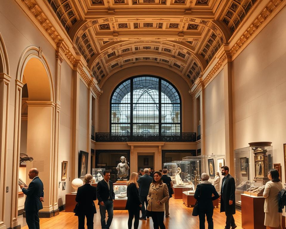 A meticulously designed museum interior, showcasing the significance of architecture and collection in museums. In the foreground, display elegant architectural elements like intricate moldings and arches, guiding the viewer's eye toward a thoughtfully arranged gallery of historical artifacts and artworks, accentuated by soft lighting that casts warm shadows. In the middle ground, visitors interact with exhibits, dressed in professional business attire, observing artifacts with intrigue and admiration. The background features large windows that allow natural light to flood the space, highlighting the architectural beauty of the museum itself, combining modern and historical design elements. Overall, the atmosphere is one of reverence, inspiration, and discovery, embodying the essence of cultural preservation and education.