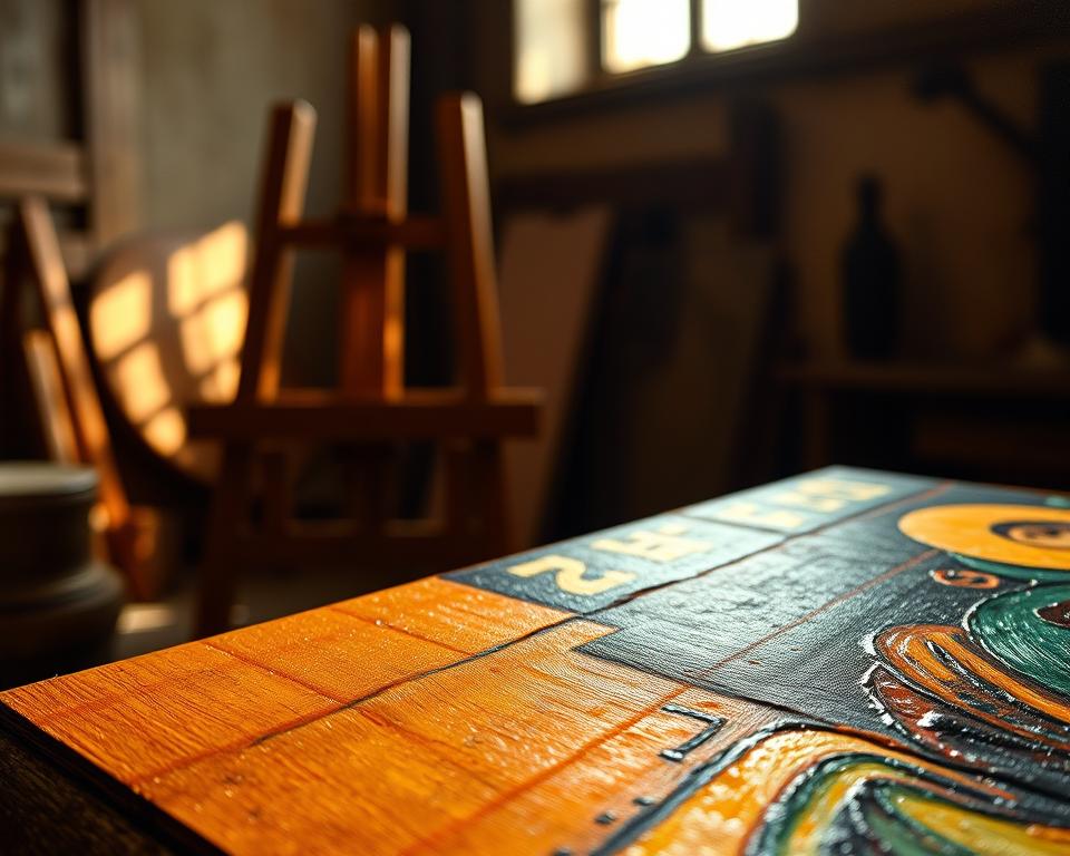 A meticulously detailed depiction of the unique painting technique of Hans Memling, showcasing vibrant colors and intricate layers of oil paint, emphasizing texture. The foreground features a close-up of a refined brushwork on a panel, highlighting the luminous quality of the pigments used. In the middle ground, softly blurred representations of traditional tools and materials of the artist, such as a wooden easel and paint palette, add context. The background includes faintly visible, atmospheric shadows of a historic studio setting, bathed in warm, diffused natural light, evoking a serene and contemplative mood. The overall composition conveys a sense of reverence for Memling's mastery, enticing viewers to explore the nuances of his artistic techniques.