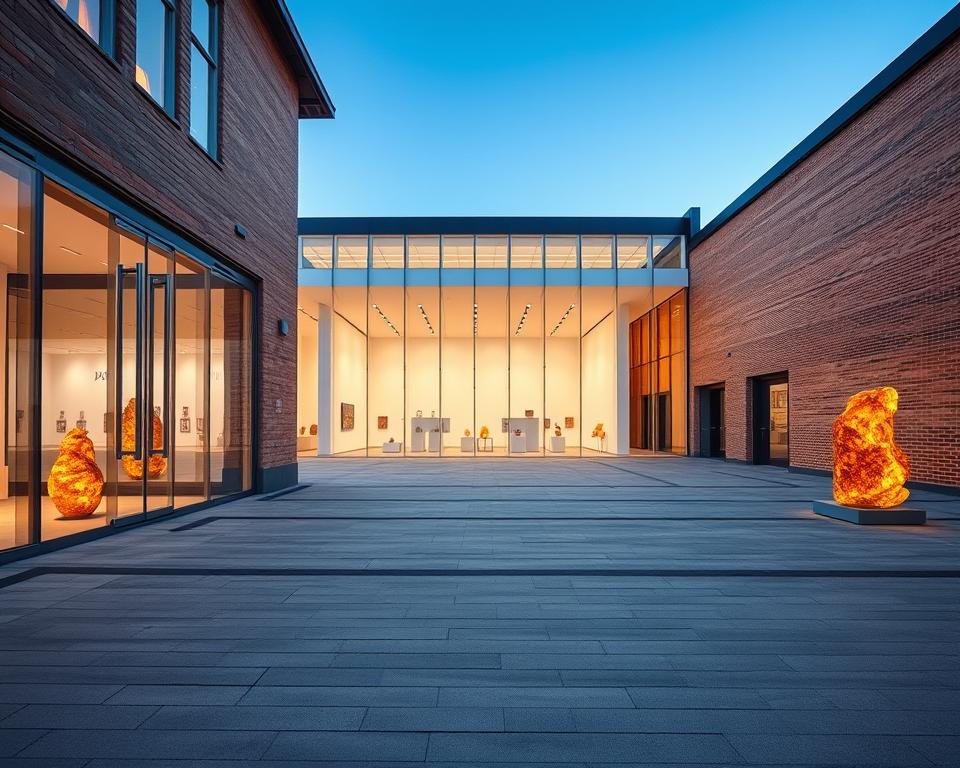 A modern architectural marvel, the new Amber Museum in Gdańsk, housed in the historic Granary Mill, showcases a stunning blend of contemporary design and heritage. In the foreground, elegant glass doors seamlessly integrate with natural amber sculptures illuminating the entrance. The middle ground features spacious exhibition areas filled with natural light, highlighting amber artifacts against minimalist decor. In the background, the Granary Mill’s rustic brick walls contrast beautifully with sleek, modern lines, creating a harmonious fusion of old and new. The scene evokes a bright, inviting atmosphere, with soft, warm lighting reflecting off the amber, enhancing its golden hues. Capture this from a low angle to emphasize the building's grandeur, under a clear blue sky, creating a sense of openness and innovation. A modern architectural marvel, the new Amber Museum in Gdańsk, housed in the historic Granary Mill, showcases a stunning blend of contemporary design and heritage. In the foreground, elegant glass doors seamlessly integrate with natural amber sculptures illuminating the entrance. The middle ground features spacious exhibition areas filled with natural light, highlighting amber artifacts against minimalist decor. In the background, the Granary Mill’s rustic brick walls contrast beautifully with sleek, modern lines, creating a harmonious fusion of old and new. The scene evokes a bright, inviting atmosphere, with soft, warm lighting reflecting off the amber, enhancing its golden hues. Capture this from a low angle to emphasize the building's grandeur, under a clear blue sky, creating a sense of openness and innovation.