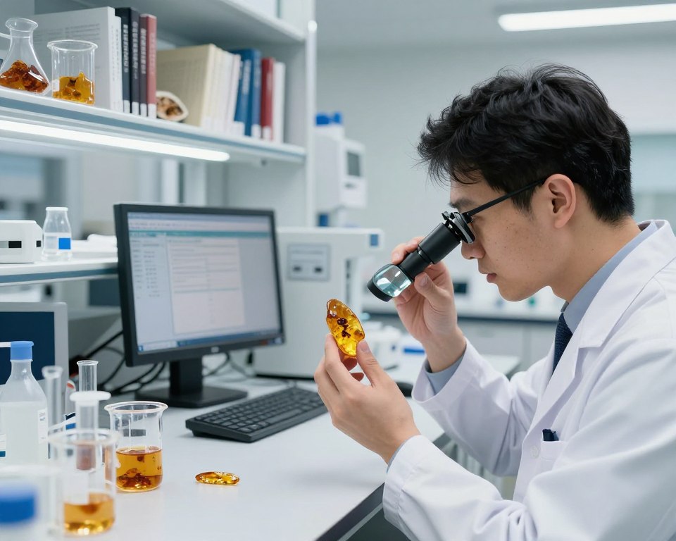 A modern laboratory setting focused on professional amber testing. In the foreground, a scientist in a lab coat examines a piece of amber under a high-powered magnifying glass, showcasing intricate inclusions within. The middle ground features a sleek laboratory bench equipped with various scientific instruments, glass beakers filled with amber samples, and a computer displaying data analysis on a monitor. The background illustrates shelves filled with reference books about amber and geological studies, illuminated by soft, diffused overhead lighting, creating a clean, sterile atmosphere. The scene conveys a mood of precision and professionalism, emphasizing the rigors of scientific research and the beauty of amber in a detailed, well-organized workspace. The camera angle is slightly above eye level, providing a comprehensive view of the entire scene. A modern laboratory setting focused on professional amber testing. In the foreground, a scientist in a lab coat examines a piece of amber under a high-powered magnifying glass, showcasing intricate inclusions within. The middle ground features a sleek laboratory bench equipped with various scientific instruments, glass beakers filled with amber samples, and a computer displaying data analysis on a monitor. The background illustrates shelves filled with reference books about amber and geological studies, illuminated by soft, diffused overhead lighting, creating a clean, sterile atmosphere. The scene conveys a mood of precision and professionalism, emphasizing the rigors of scientific research and the beauty of amber in a detailed, well-organized workspace. The camera angle is slightly above eye level, providing a comprehensive view of the entire scene.