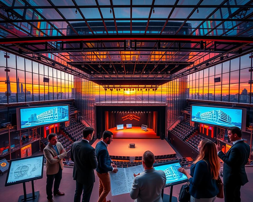 A modern theater design showcasing the future of performing arts, featuring a gleaming glass structure with an innovative retractable roof. In the foreground, a diverse group of professionals in business attire discusses blueprints and digital screens displaying vibrant concepts for upcoming projects. The middle ground reveals the theater's main stage, adorned with advanced lighting setups and sleek seating arrangements, while the backdrop captures the breathtaking Gdańsk skyline at sunset, with warm orange and purple hues enveloping the scene. Soft illumination highlights the theater's architecture, creating a dynamic atmosphere of creativity and progress. The image is shot at a slightly elevated angle, evoking excitement and inspiration for the future of theater.