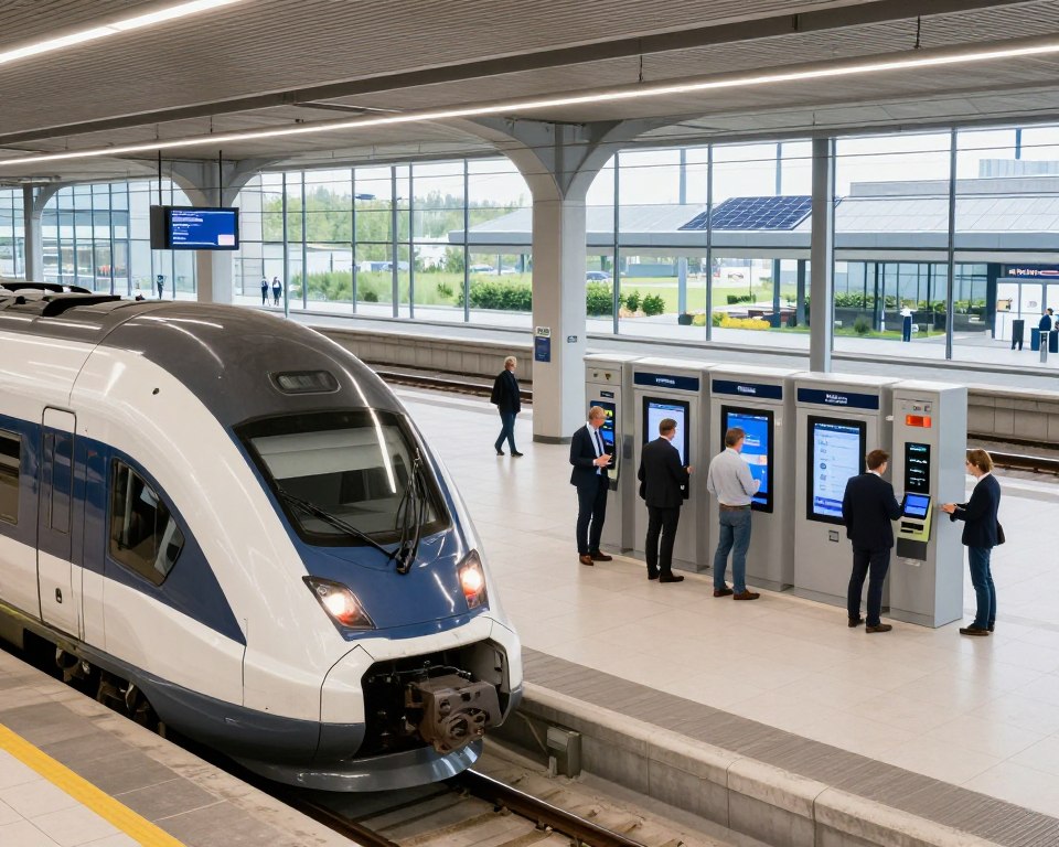 A modern train station scene showcasing the innovative solutions implemented at SKM Gdańsk. In the foreground, a sleek, contemporary train with a streamlined design is ready to depart, gleaming under bright, overhead LED lighting. In the middle ground, commuters in professional business attire are seen using digital ticket kiosks and mobile apps, engaging with technology seamlessly. The background features an expansive view of the station, with glass walls and green landscaping, allowing natural light to flood the space, enhancing the clean, bright atmosphere. The overall mood is one of efficiency, modernity, and connectivity, highlighting the investments in infrastructure, including solar panels and digital displays, illustrating a forward-thinking transportation system. The angle captures the action from a slightly elevated perspective, emphasizing the dynamic environment.