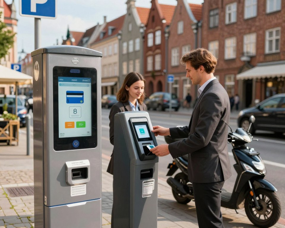 A modern urban scene depicting various payment methods for parking in Gdańsk's paid parking zone. In the foreground, a sleek digital parking meter with a touch screen displaying payment options like credit card, mobile app, and cash. In the middle ground, a friendly attendant in professional attire helps a motorist at the parking machine, under soft sunlight that casts gentle shadows. The background features a typical Gdańsk street with historic buildings and parked cars, capturing the essence of the city. The atmosphere is busy yet orderly, with clear skies creating a welcoming vibe. The overall color palette includes warm tones, emphasizing a dynamic city life, with a focus on clarity and professionalism in the scene.