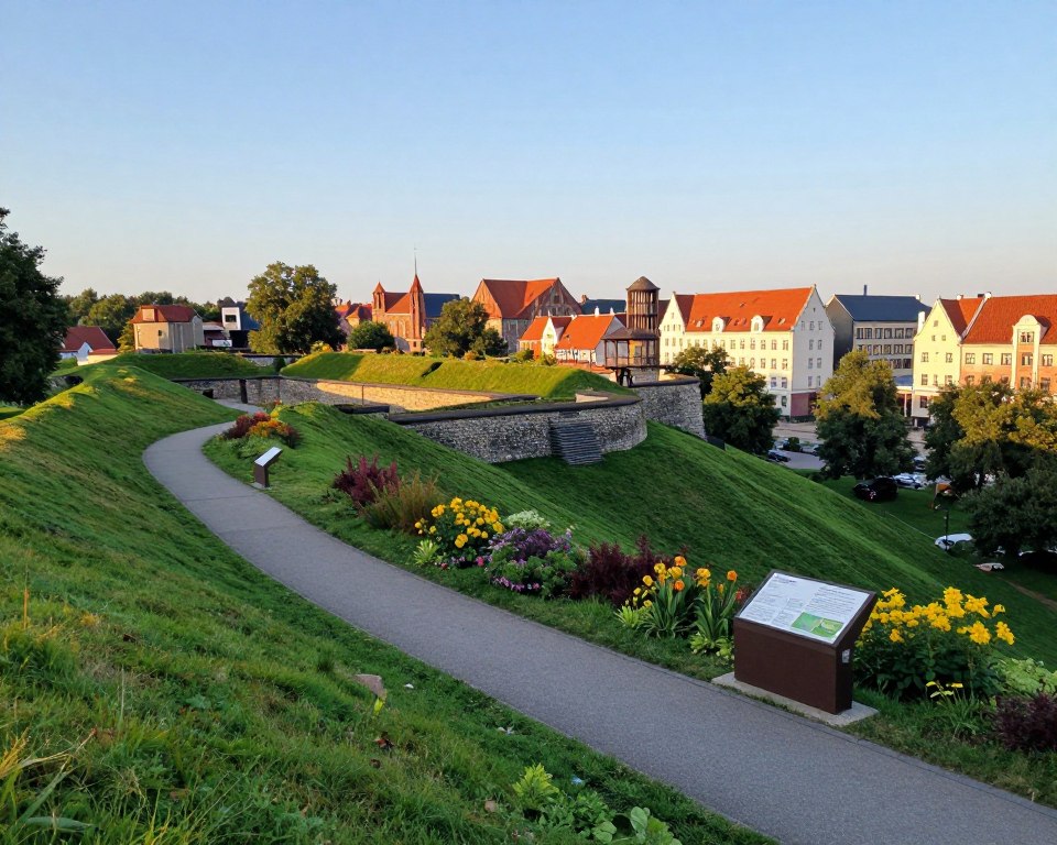 A panoramic view from Góra Gradowa, a historic observation point in Gdańsk, featuring lush green hills in the foreground. Include a well-maintained path leading up the hill, with informational plaques about the fortifications. In the middle ground, showcase the remnants of Gdańsk’s ancient fortifications, with sturdy stone walls and a lookout tower, surrounded by vibrant flora. The skyline of Gdańsk can be seen in the background, highlighting its distinctive architecture, including Gothic buildings and modern structures, under a clear blue sky. Use soft, natural lighting to create a serene atmosphere, capturing the early morning or late afternoon glow. The perspective should be slightly elevated, giving a sense of depth and discovery, inviting viewers to explore the historical significance of the site. A panoramic view from Góra Gradowa, a historic observation point in Gdańsk, featuring lush green hills in the foreground. Include a well-maintained path leading up the hill, with informational plaques about the fortifications. In the middle ground, showcase the remnants of Gdańsk’s ancient fortifications, with sturdy stone walls and a lookout tower, surrounded by vibrant flora. The skyline of Gdańsk can be seen in the background, highlighting its distinctive architecture, including Gothic buildings and modern structures, under a clear blue sky. Use soft, natural lighting to create a serene atmosphere, capturing the early morning or late afternoon glow. The perspective should be slightly elevated, giving a sense of depth and discovery, inviting viewers to explore the historical significance of the site.