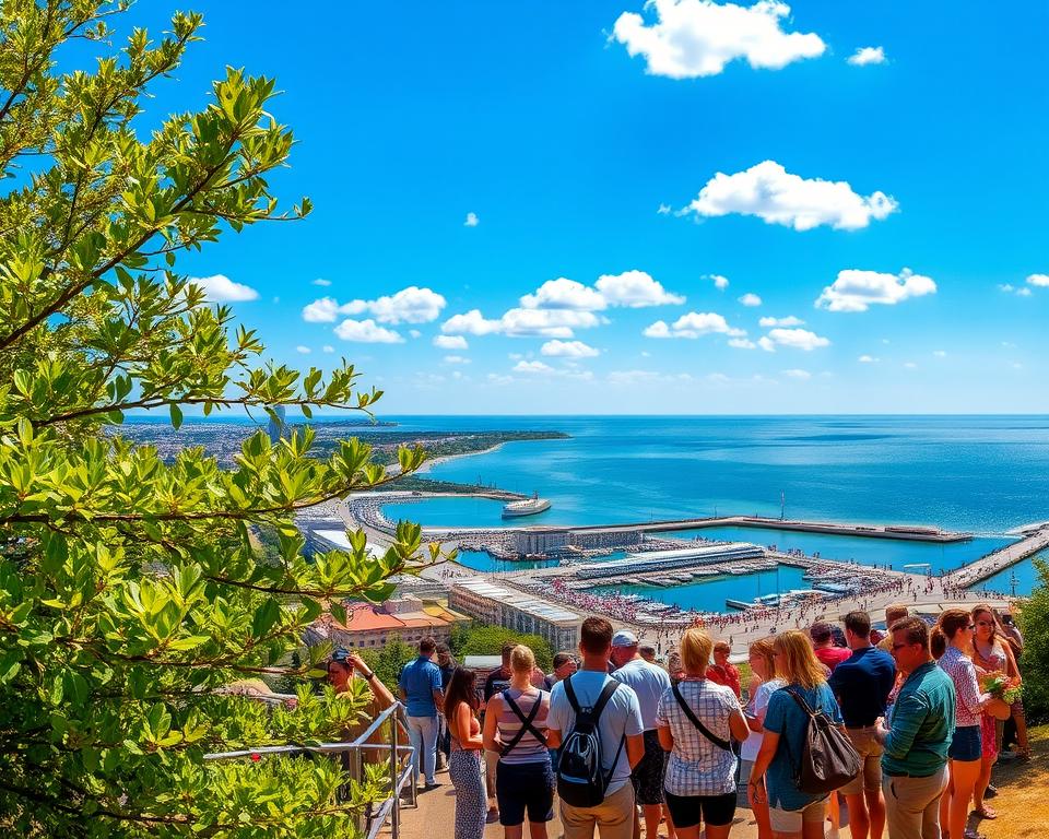 A panoramic view from Kamienna Góra, overlooking the vibrant city of Gdynia with its stunning coastal scenery. In the foreground, lush green trees with delicate leaves frame the scene, while a diverse group of tourists in casual attire admire the landscape, taking pictures. The middle ground showcases the bustling port with colorful boats docked, and the famous Skwer Kościuszki lined with people enjoying the waterfront. In the background, the shimmering Baltic Sea stretches towards the horizon, under a clear blue sky dotted with fluffy white clouds. The atmosphere is serene yet lively, capturing the essence of a sunny day in a thriving coastal city. The composition is shot from a slightly elevated angle, highlighting the city's architecture and natural beauty, with warm, inviting lighting that enhances the vibrant colors of the scene. A panoramic view from Kamienna Góra, overlooking the vibrant city of Gdynia with its stunning coastal scenery. In the foreground, lush green trees with delicate leaves frame the scene, while a diverse group of tourists in casual attire admire the landscape, taking pictures. The middle ground showcases the bustling port with colorful boats docked, and the famous Skwer Kościuszki lined with people enjoying the waterfront. In the background, the shimmering Baltic Sea stretches towards the horizon, under a clear blue sky dotted with fluffy white clouds. The atmosphere is serene yet lively, capturing the essence of a sunny day in a thriving coastal city. The composition is shot from a slightly elevated angle, highlighting the city's architecture and natural beauty, with warm, inviting lighting that enhances the vibrant colors of the scene.