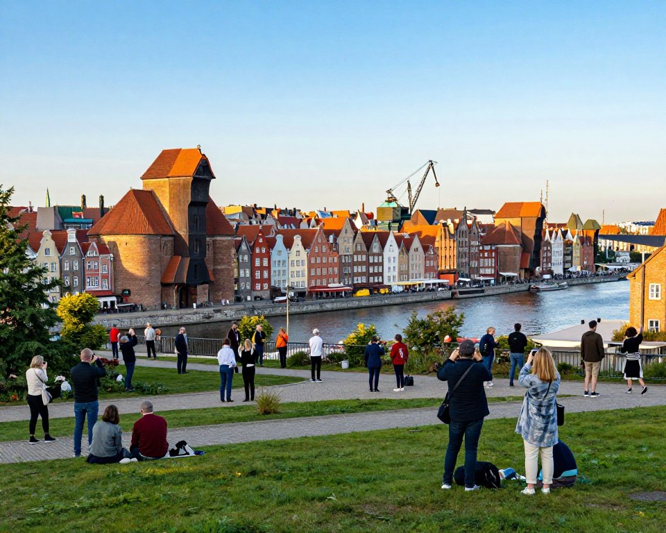 A panoramic view of Gdańsk in 2026, showcasing scenic viewpoints around the city. In the foreground, include a lush green park with a diverse group of people enjoying the scenery, dressed in smart casual attire. In the middle, highlight notable landmarks such as St. Mary's Church and the colorful facades of the Gdańsk waterfront, with visitors taking photos. The background should feature the iconic crane on the Motława River, set against a clear blue sky illuminated by soft, golden sunlight suggesting late afternoon. Capture a sense of vibrancy and community in the air, enhancing the allure and advantages of the city's observation points. Use a wide-angle perspective to emphasize the scale and beauty of the cityscape. A panoramic view of Gdańsk in 2026, showcasing scenic viewpoints around the city. In the foreground, include a lush green park with a diverse group of people enjoying the scenery, dressed in smart casual attire. In the middle, highlight notable landmarks such as St. Mary's Church and the colorful facades of the Gdańsk waterfront, with visitors taking photos. The background should feature the iconic crane on the Motława River, set against a clear blue sky illuminated by soft, golden sunlight suggesting late afternoon. Capture a sense of vibrancy and community in the air, enhancing the allure and advantages of the city's observation points. Use a wide-angle perspective to emphasize the scale and beauty of the cityscape.