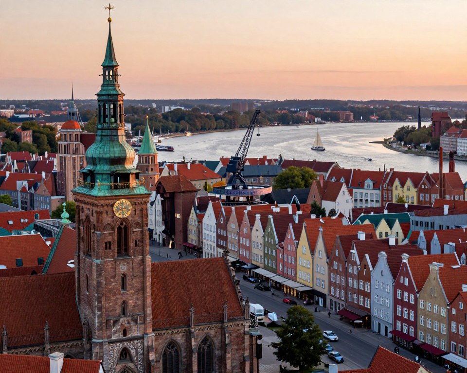 A panoramic view of Gdańsk's picturesque skyline, featuring the iconic Basilica of St. Mary in the foreground, showcasing its detailed Gothic architecture with its tall tower and clock. In the middle ground, include other observation points like the Gdańsk Crane, with visitors enjoying the scenic vistas, and the vibrant streets lined with colorful buildings. The background should reveal the serene Motława River, with sailboats gently gliding on the water under a soft sunset, casting warm orange and pink hues. Use natural lighting to enhance the tranquil atmosphere, captured from a slightly elevated angle to offer a comprehensive perspective of the landmarks, immersing viewers in the beauty of Gdańsk.