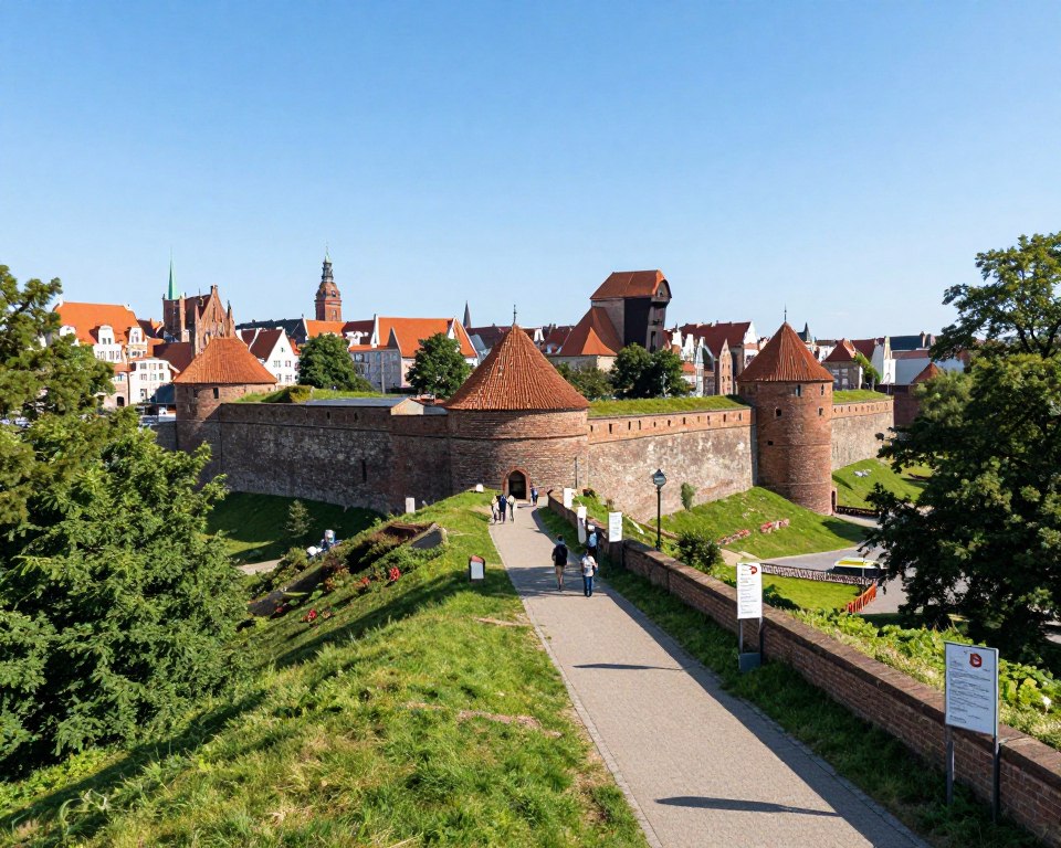 A panoramic view of Góra Gradowa in Gdańsk, showcasing its historic fortifications and lush greenery in the foreground. In the middle ground, include a well-maintained walking path leading visitors towards the summit, lined with informative signage about accessibility and visiting guidelines. The background features a breathtaking skyline of Gdańsk's Old Town under a bright, clear blue sky, with soft sunlight casting gentle shadows to enhance the details of the fortifications. Capture the scene from a slightly elevated angle to emphasize the landscape's depth. The mood should be inviting and informative, implying a sense of exploration and accessibility, suitable for visitors seeking knowledge about the site. A panoramic view of Góra Gradowa in Gdańsk, showcasing its historic fortifications and lush greenery in the foreground. In the middle ground, include a well-maintained walking path leading visitors towards the summit, lined with informative signage about accessibility and visiting guidelines. The background features a breathtaking skyline of Gdańsk's Old Town under a bright, clear blue sky, with soft sunlight casting gentle shadows to enhance the details of the fortifications. Capture the scene from a slightly elevated angle to emphasize the landscape's depth. The mood should be inviting and informative, implying a sense of exploration and accessibility, suitable for visitors seeking knowledge about the site.