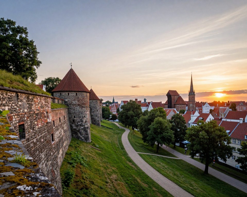 A panoramic view of Góra Gradowa in Gdańsk, showcasing its historical military fortifications. In the foreground, ancient stone walls with moss and greenery, highlighting the fort's architectural details. The middle ground features a winding path leading up the hill, lined with trees and soft grass, inviting exploration. In the background, the skyline of Gdańsk’s Old Town, with its distinctive architecture under a serene sunset sky, casting warm golden light over the scene. The atmosphere is tranquil yet historically rich, capturing the essence of the site's military heritage and panoramic beauty. Use a wide-angle lens to emphasize the depth and expansiveness of the view, creating a sense of wonder and reflection. A panoramic view of Góra Gradowa in Gdańsk, showcasing its historical military fortifications. In the foreground, ancient stone walls with moss and greenery, highlighting the fort's architectural details. The middle ground features a winding path leading up the hill, lined with trees and soft grass, inviting exploration. In the background, the skyline of Gdańsk’s Old Town, with its distinctive architecture under a serene sunset sky, casting warm golden light over the scene. The atmosphere is tranquil yet historically rich, capturing the essence of the site's military heritage and panoramic beauty. Use a wide-angle lens to emphasize the depth and expansiveness of the view, creating a sense of wonder and reflection.