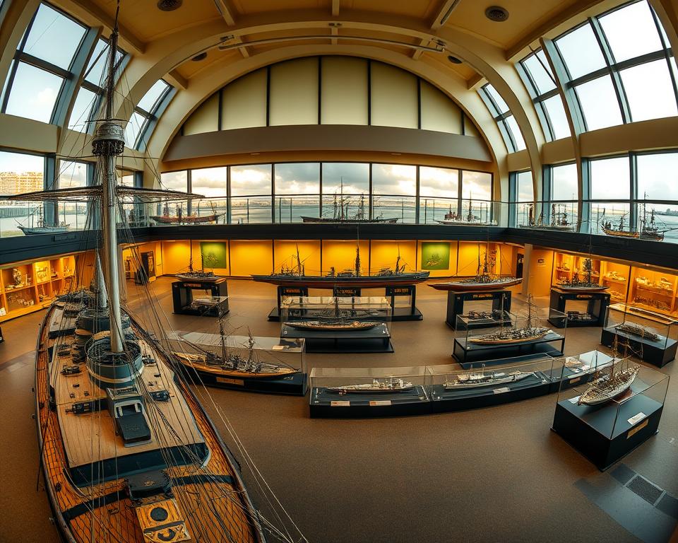 A panoramic view of the Gdynia Maritime Museum, showcasing its central exhibits. In the foreground, display a prominent historical naval ship, meticulously detailed, with visible hull features and authentic naval insignia. In the middle ground, capture various scale models of famous warships, elegantly arranged in glass cases, each labeled with distinct historical information. The background reveals the museum's stunning architecture, with large windows allowing warm, natural light to flood the interior, highlighting the artifacts and creating a sense of openness. Use a wide-angle lens to emphasize depth and richness in detail. The overall atmosphere should be one of reverence and fascination, inviting viewers to explore the maritime history on display. A panoramic view of the Gdynia Maritime Museum, showcasing its central exhibits. In the foreground, display a prominent historical naval ship, meticulously detailed, with visible hull features and authentic naval insignia. In the middle ground, capture various scale models of famous warships, elegantly arranged in glass cases, each labeled with distinct historical information. The background reveals the museum's stunning architecture, with large windows allowing warm, natural light to flood the interior, highlighting the artifacts and creating a sense of openness. Use a wide-angle lens to emphasize depth and richness in detail. The overall atmosphere should be one of reverence and fascination, inviting viewers to explore the maritime history on display.