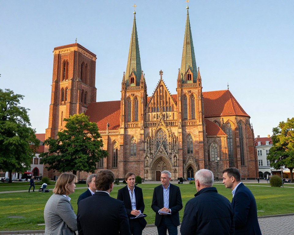 A panoramic view of the Oliwa Cathedral in Gdańsk, showcasing its stunning architecture and historical significance. In the foreground, a small group of diverse individuals, dressed in professional attire, engage in thoughtful discussion, symbolizing the cathedral's role in education and culture. The middle ground features the intricately designed façade of the cathedral, with detailed stone carvings and tall spires, illuminated by soft, golden hour lighting that casts warm shadows and highlights. In the background, lush green trees of the nearby park provide a serene contrast, while a light blue sky enhances the peaceful atmosphere. Capture the essence of cultural appreciation, with a focus on both the people and the majestic structure, emphasizing the harmony between education and historical richness. A panoramic view of the Oliwa Cathedral in Gdańsk, showcasing its stunning architecture and historical significance. In the foreground, a small group of diverse individuals, dressed in professional attire, engage in thoughtful discussion, symbolizing the cathedral's role in education and culture. The middle ground features the intricately designed façade of the cathedral, with detailed stone carvings and tall spires, illuminated by soft, golden hour lighting that casts warm shadows and highlights. In the background, lush green trees of the nearby park provide a serene contrast, while a light blue sky enhances the peaceful atmosphere. Capture the essence of cultural appreciation, with a focus on both the people and the majestic structure, emphasizing the harmony between education and historical richness.