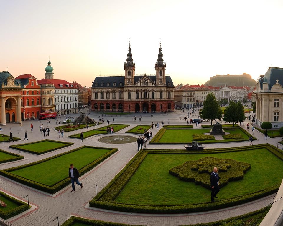 A panoramic view of the historical Gdańsk Museum, showcasing the stunning architecture of various branches, including the iconic Town Hall and the Wisłoujście Fortress. In the foreground, there are elegantly landscaped gardens with well-maintained pathways, benches, and visitors dressed in smart casual attire exploring the area. The middle ground features the intricately detailed facade of the Town Hall, with its tall towers and decorative elements, while the distant Wisłoujście Fortress looms over the horizon, partially shrouded in soft, early evening sunlight. The sky is a warm blend of orange and pink hues, reflecting a serene late afternoon atmosphere. Capture the scene using a wide-angle lens for depth, with a slight vignette to focus on the museum's historic elegance.