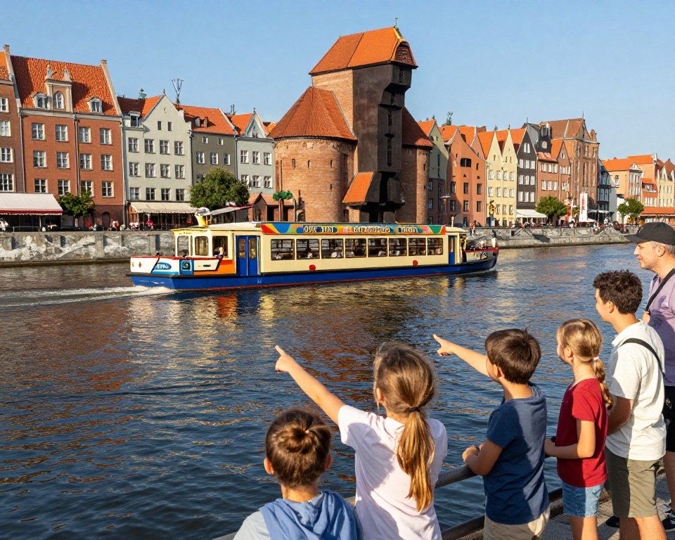 A peaceful scene featuring a Gdańsk water tram sailing gently through the serene waters of the Motława River. In the foreground, a cheerful group of children, dressed in casual but modest summer clothing, is interacting with each other and pointing excitedly at the sights. The middle ground captures the water tram, adorned with vibrant colors, cruising past, with parents supervising the children and smiling. In the background, iconic Gdańsk landmarks like the medieval Crane and colorful facades of the old town are clearly visible. The lighting is warm and inviting, suggesting a sunny day, with gentle ripples on the water reflecting the bright blue sky. The scene conveys a joyful, family-friendly atmosphere, perfect for exploring the city by water. A peaceful scene featuring a Gdańsk water tram sailing gently through the serene waters of the Motława River. In the foreground, a cheerful group of children, dressed in casual but modest summer clothing, is interacting with each other and pointing excitedly at the sights. The middle ground captures the water tram, adorned with vibrant colors, cruising past, with parents supervising the children and smiling. In the background, iconic Gdańsk landmarks like the medieval Crane and colorful facades of the old town are clearly visible. The lighting is warm and inviting, suggesting a sunny day, with gentle ripples on the water reflecting the bright blue sky. The scene conveys a joyful, family-friendly atmosphere, perfect for exploring the city by water.