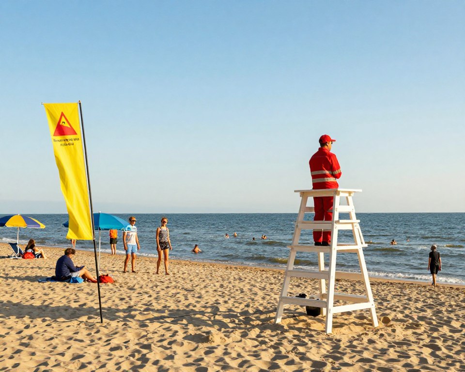 A picturesque beach scene in Gdańsk, illustrating safety measures and the Blue Flag certification. In the foreground, a lifeguard wearing a bright red uniform stands elevated on a watchtower, scanning the horizon. Nearby, vibrant safety flags flutter on poles, indicating safe swimming areas. The middle ground features families enjoying the beach, some walking on the golden sand, while others relax under colorful umbrellas, all dressed in modest casual clothing. In the background, gentle waves lap against the shore, with distant silhouettes of people swimming safely. The lighting is warm and inviting, capturing the late afternoon sun, with clear blue skies above. The atmosphere is cheerful and relaxed, emphasizing a safe and enjoyable beach environment. A picturesque beach scene in Gdańsk, illustrating safety measures and the Blue Flag certification. In the foreground, a lifeguard wearing a bright red uniform stands elevated on a watchtower, scanning the horizon. Nearby, vibrant safety flags flutter on poles, indicating safe swimming areas. The middle ground features families enjoying the beach, some walking on the golden sand, while others relax under colorful umbrellas, all dressed in modest casual clothing. In the background, gentle waves lap against the shore, with distant silhouettes of people swimming safely. The lighting is warm and inviting, capturing the late afternoon sun, with clear blue skies above. The atmosphere is cheerful and relaxed, emphasizing a safe and enjoyable beach environment.