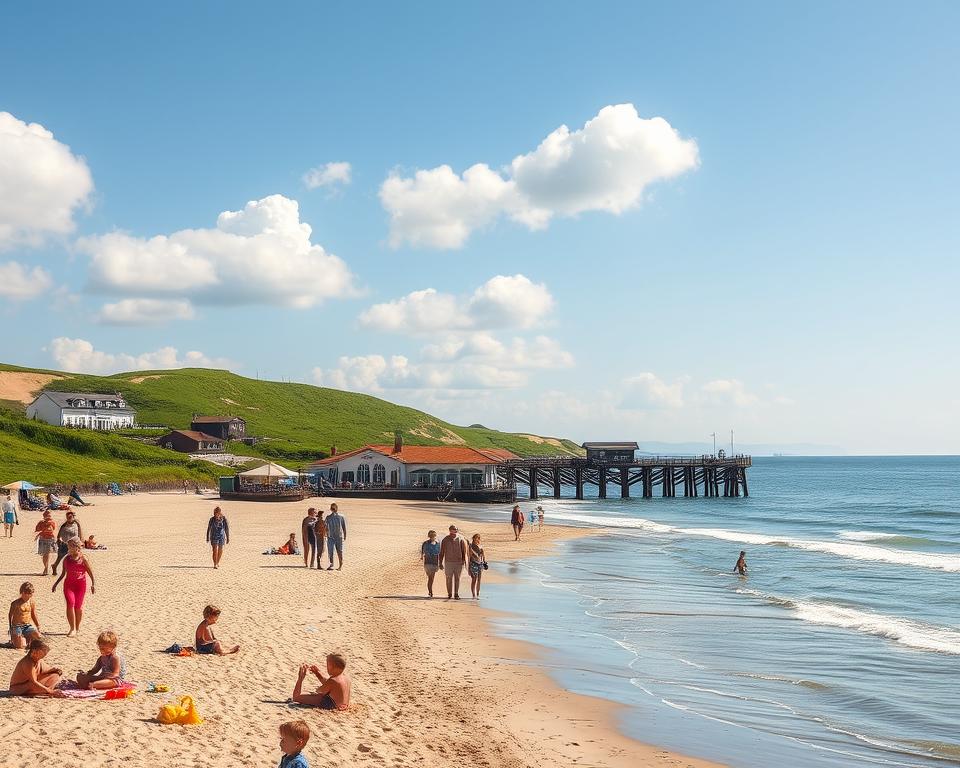 A picturesque coastal scene showcasing the tourist attractions in Brzeźno, by the sea. In the foreground, a vibrant beach with families enjoying the sun and building sandcastles, children playing with beach toys, and couples walking along the shoreline. The middle ground features the iconic wooden pier, with a few visitors strolling along, taking in the view of the calm waves. In the background, lush green dunes and charming seaside cafes with umbrellas set up for customers, inviting a relaxing atmosphere. The sky above is bright blue with a few fluffy white clouds, casting soft daylight across the scene, enhancing the cheerful and inviting mood. The image should be captured from a slightly elevated angle to encompass the serene landscape, with a focus on warmth and leisure.