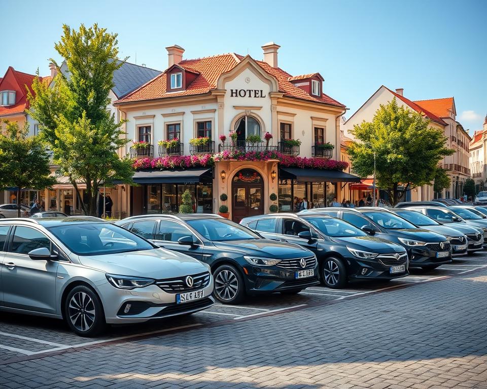 A picturesque parking area in Gdańsk, showcasing well-maintained cars in front of a charming hotel on the vibrant cobblestoned streets of the Old Town. In the foreground, a stylish yet functional parking lot is filled with modern vehicles, highlighting the convenience of hotel parking. The middle ground features the hotel facade, adorned with beautiful historical architecture, colorful flowers, and friendly staff dressed in professional attire. The background captures a glimpse of quaint shops and cafes under a clear blue sky, surrounded by lush greenery. Soft, warm lighting enhances the inviting atmosphere of a sunny day. The scene conveys a sense of comfort and accessibility, perfect for travelers looking for convenience in the heart of Gdańsk's Old Town.