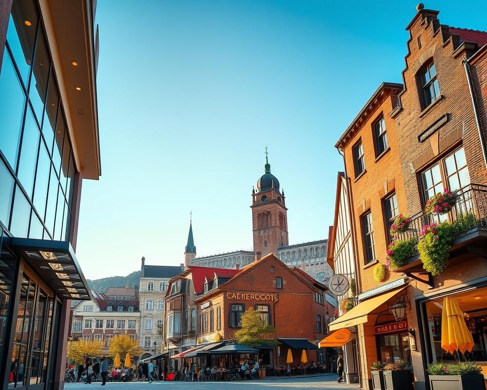 A picturesque scene capturing the Eastern part of the Gdańsk city center and the Granary Island, showcasing a blend of luxurious accommodations and budget-friendly options. In the foreground, a stylish hotel entrance with modern architecture, featuring large glass doors and decorative lighting. The middle ground highlights quaint streets lined with charming guesthouses and cafes, colorful flowers adorning the balconies. The background reveals the iconic historic skyline of Gdańsk, with its unique brick buildings and the bustling Motława River reflecting golden sunlight. Soft, warm lighting enhances the inviting atmosphere, and a clear blue sky provides a serene backdrop. The image conveys a sense of exploration and comfort, perfect for travelers seeking a memorable stay in Gdańsk. A picturesque scene capturing the Eastern part of the Gdańsk city center and the Granary Island, showcasing a blend of luxurious accommodations and budget-friendly options. In the foreground, a stylish hotel entrance with modern architecture, featuring large glass doors and decorative lighting. The middle ground highlights quaint streets lined with charming guesthouses and cafes, colorful flowers adorning the balconies. The background reveals the iconic historic skyline of Gdańsk, with its unique brick buildings and the bustling Motława River reflecting golden sunlight. Soft, warm lighting enhances the inviting atmosphere, and a clear blue sky provides a serene backdrop. The image conveys a sense of exploration and comfort, perfect for travelers seeking a memorable stay in Gdańsk.