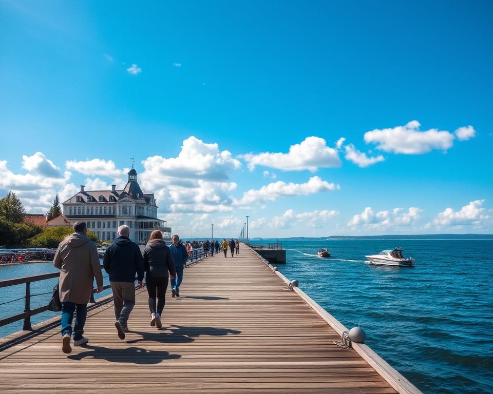 A picturesque scene depicting the Sopot pier, showcasing its long wooden pathway stretching into the Baltic Sea. In the foreground, a few well-dressed visitors are casually strolling, enjoying the view, with some holding lightweight jackets. The middle ground features small boats bobbing gently in the water, while the famous Spa House can be seen on the side, surrounded by vibrant greenery. In the background, a clear blue sky contrasts with fluffy white clouds, radiating warm sunlight that casts soft shadows. The mood is inviting and serene, perfect for a day out. The angle should be slightly elevated, capturing both the pier and the surrounding scenery, emphasizing tranquility and leisure. A picturesque scene depicting the Sopot pier, showcasing its long wooden pathway stretching into the Baltic Sea. In the foreground, a few well-dressed visitors are casually strolling, enjoying the view, with some holding lightweight jackets. The middle ground features small boats bobbing gently in the water, while the famous Spa House can be seen on the side, surrounded by vibrant greenery. In the background, a clear blue sky contrasts with fluffy white clouds, radiating warm sunlight that casts soft shadows. The mood is inviting and serene, perfect for a day out. The angle should be slightly elevated, capturing both the pier and the surrounding scenery, emphasizing tranquility and leisure.