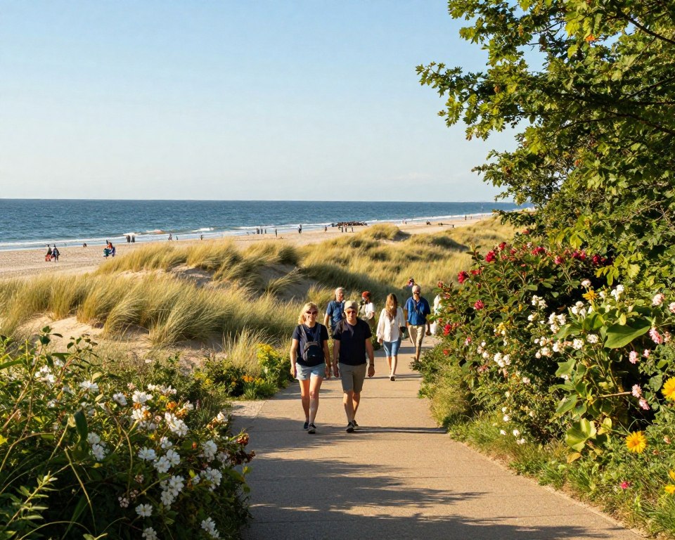 A picturesque scene depicting the journey to Jelitkowo Beach in Gdańsk. In the foreground, a scenic pathway lined with lush greenery and flowering shrubs leads towards the beach. In the middle ground, visitors, dressed in casual summer clothing, are seen walking along the path, enjoying the warm sunlight and vibrant atmosphere. The background features beautiful sand dunes with swaying grass and the sparkling Baltic Sea in the distance under a clear blue sky. Soft, golden sunlight bathes the scene, enhancing the cheerful mood. The perspective is slightly elevated, capturing both the pathway and the vast beach, evoking a sense of adventure and relaxation. The overall feeling is inviting and serene, perfect for illustrating a journey to a beloved coastal destination. A picturesque scene depicting the journey to Jelitkowo Beach in Gdańsk. In the foreground, a scenic pathway lined with lush greenery and flowering shrubs leads towards the beach. In the middle ground, visitors, dressed in casual summer clothing, are seen walking along the path, enjoying the warm sunlight and vibrant atmosphere. The background features beautiful sand dunes with swaying grass and the sparkling Baltic Sea in the distance under a clear blue sky. Soft, golden sunlight bathes the scene, enhancing the cheerful mood. The perspective is slightly elevated, capturing both the pathway and the vast beach, evoking a sense of adventure and relaxation. The overall feeling is inviting and serene, perfect for illustrating a journey to a beloved coastal destination.