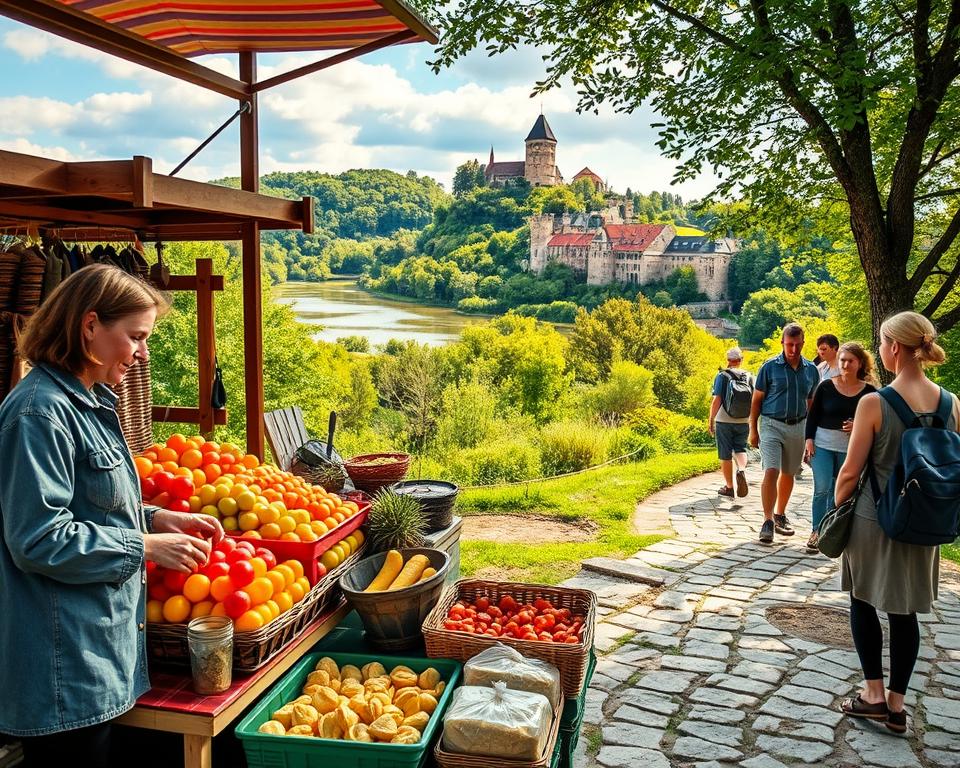 A picturesque scene depicting thematic excursions in Pomorskie, highlighting history, nature, and gastronomy. In the foreground, present a vibrant market stall with traditional Polish foods, where a vendor in modest casual clothing showcases colorful fruits and local delicacies like pierogi. In the middle ground, feature a serene natural landscape with lush greenery, perhaps a tranquil lake reflecting the sky, and a group of tourists enjoying a guided nature walk, dressed in casual clothing appropriate for exploring. The background should showcase historical architecture, like a renowned castle or old town, bathed in warm, golden afternoon light. Capture the essence of exploration and cultural richness, with a slightly elevated perspective to encompass both nature and history, evoking a sense of curiosity and adventure. The overall atmosphere should be inviting and enchanting, encouraging viewers to imagine their own journey through this captivating region.