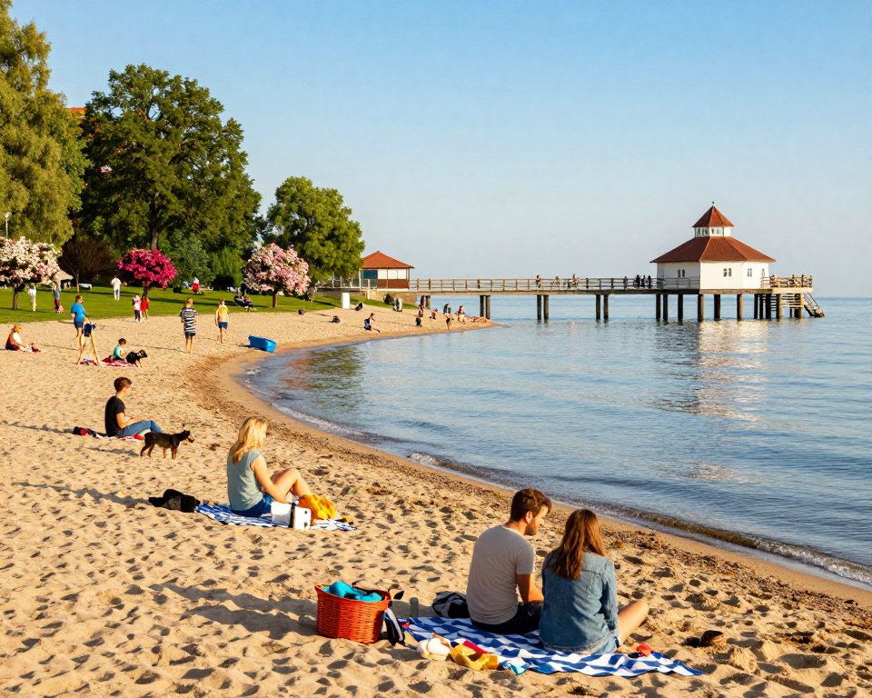 A picturesque scene of Brzeźno, featuring the iconic pier extending into the tranquil waters of the Gulf. In the foreground, vibrant beachgoers enjoy recreational activities along the sandy shore, some walking dogs, others picnicking on neatly spread blankets. The middle ground showcases families exploring the lush green parks dotted with colorful blooming flowers, and children playing near the water’s edge. In the background, the pier rises gracefully against a bright blue sky, with gentle waves reflecting the sunlight. Soft, warm lighting bathes the scene in a welcoming glow, creating a serene and joyful atmosphere. Capture this lively and inviting space, perfect for relaxation and leisure in Brzeźno.