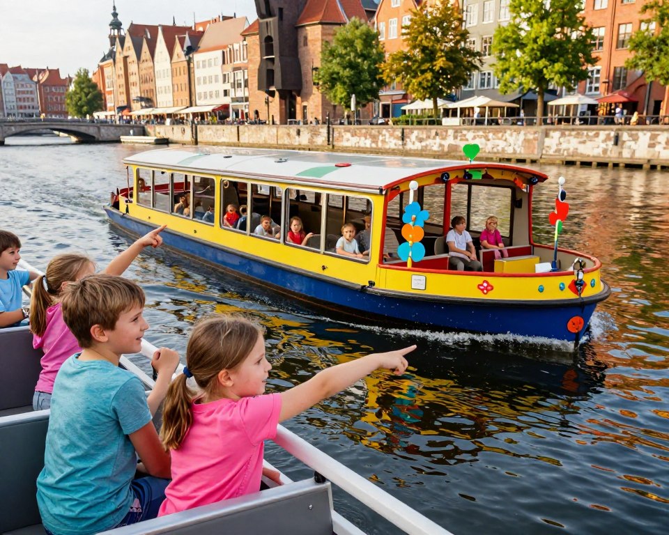 A picturesque scene of a water tram in Gdańsk, showcasing a joyful atmosphere with children onboard. In the foreground, a couple of children, aged around 6-10, wearing casual and colorful clothing, excitedly point at the water's surface, with smiles on their faces. In the middle ground, the vibrant water tram is adorned with cheerful decorations and features clear windows, allowing a glimpse of more children enjoying the ride. The background reveals the beautiful Gdańsk cityscape with historical buildings, bridges, and lush greenery reflecting in the water. Soft sunlight bathes the scene, creating a warm and inviting mood. The image should be captured from a slightly elevated angle, emphasizing the dynamic interaction between the kids and the surroundings. A picturesque scene of a water tram in Gdańsk, showcasing a joyful atmosphere with children onboard. In the foreground, a couple of children, aged around 6-10, wearing casual and colorful clothing, excitedly point at the water's surface, with smiles on their faces. In the middle ground, the vibrant water tram is adorned with cheerful decorations and features clear windows, allowing a glimpse of more children enjoying the ride. The background reveals the beautiful Gdańsk cityscape with historical buildings, bridges, and lush greenery reflecting in the water. Soft sunlight bathes the scene, creating a warm and inviting mood. The image should be captured from a slightly elevated angle, emphasizing the dynamic interaction between the kids and the surroundings.