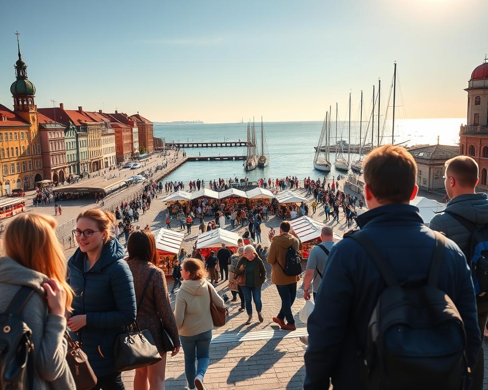 A picturesque scene showcasing guided day trips in the Trójmiasto area, featuring vibrant urban landscapes of Gdańsk, Gdynia, and Sopot. In the foreground, a diverse group of tourists, dressed in professional casual attire, explores a scenic waterfront with iconic historical buildings and colorful facades. The middle ground reveals a bustling market square, abundant with local artisans and traditional Polish food stalls, inviting visitors to engage. In the background, the serene waves of the Baltic Sea shimmer under soft golden sunlight, framed by a pier and sailing boats. The entire scene is captured with a wide-angle lens to emphasize the bustling atmosphere, conveying a sense of adventure and cultural exploration, inviting viewers to immerse themselves in the beauty of the region.