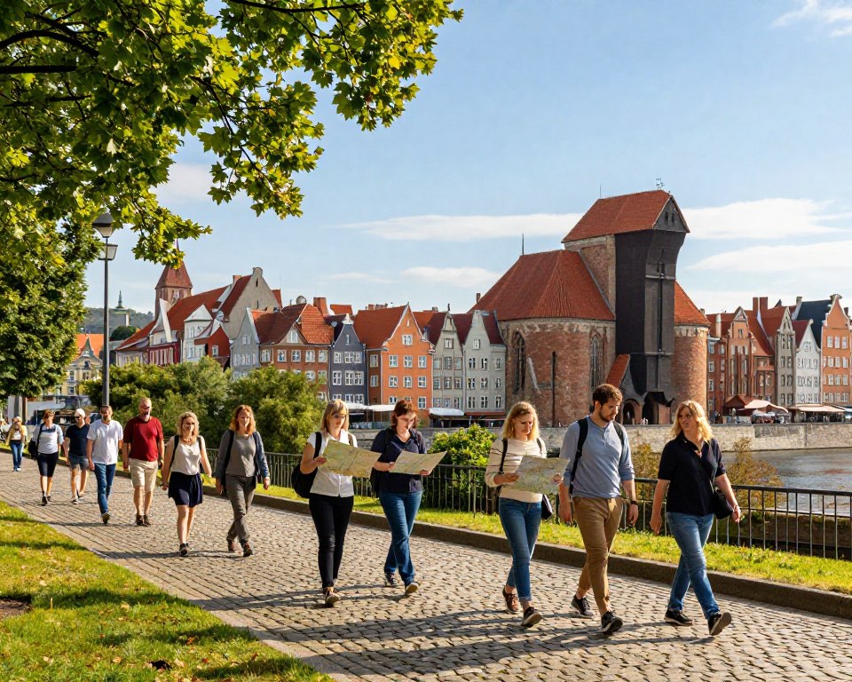 A picturesque scene showcasing tourist trails and sightseeing routes in Gdańsk, illustrating historical landmarks and natural beauty. In the foreground, a diverse group of tourists, dressed in comfortable, modest casual clothing, walks along a cobblestone path lined with greenery, maps in hand, exploring their surroundings. The middle ground features iconic Gdańsk architecture, including colorful Hanseatic buildings and the majestic Gothic church, creating a sense of heritage. In the background, soft rolling hills and a clear blue sky add to the serene atmosphere. Warm, golden sunlight filters through tree branches, casting gentle shadows on the cobblestones, evoking a feeling of exploration and adventure. The angle is slightly elevated to capture the vibrancy of the scene while maintaining a sense of depth. A picturesque scene showcasing tourist trails and sightseeing routes in Gdańsk, illustrating historical landmarks and natural beauty. In the foreground, a diverse group of tourists, dressed in comfortable, modest casual clothing, walks along a cobblestone path lined with greenery, maps in hand, exploring their surroundings. The middle ground features iconic Gdańsk architecture, including colorful Hanseatic buildings and the majestic Gothic church, creating a sense of heritage. In the background, soft rolling hills and a clear blue sky add to the serene atmosphere. Warm, golden sunlight filters through tree branches, casting gentle shadows on the cobblestones, evoking a feeling of exploration and adventure. The angle is slightly elevated to capture the vibrancy of the scene while maintaining a sense of depth.