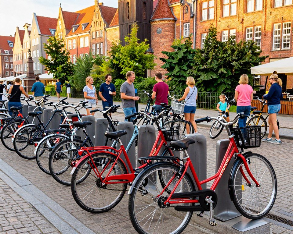 A picturesque street scene in Gdańsk featuring a vibrant bike rental station. In the foreground, a variety of colorful bicycles stand neatly lined up, showcasing different styles and sizes. The middle ground includes a cheerful group of tourists, casually dressed, selecting bikes and chatting enthusiastically, with a backdrop of charming brick buildings typical of Gdańsk's architecture. The background is adorned with lush greenery and unique city monuments, creating a lively yet serene atmosphere. The lighting is warm and inviting, capturing the essence of a sunny day, enhancing the vivid colors of the bikes and the charming surroundings. The angle is slightly elevated, providing a comprehensive view of the bustling bike rental hub amidst the beauty of Gdańsk.