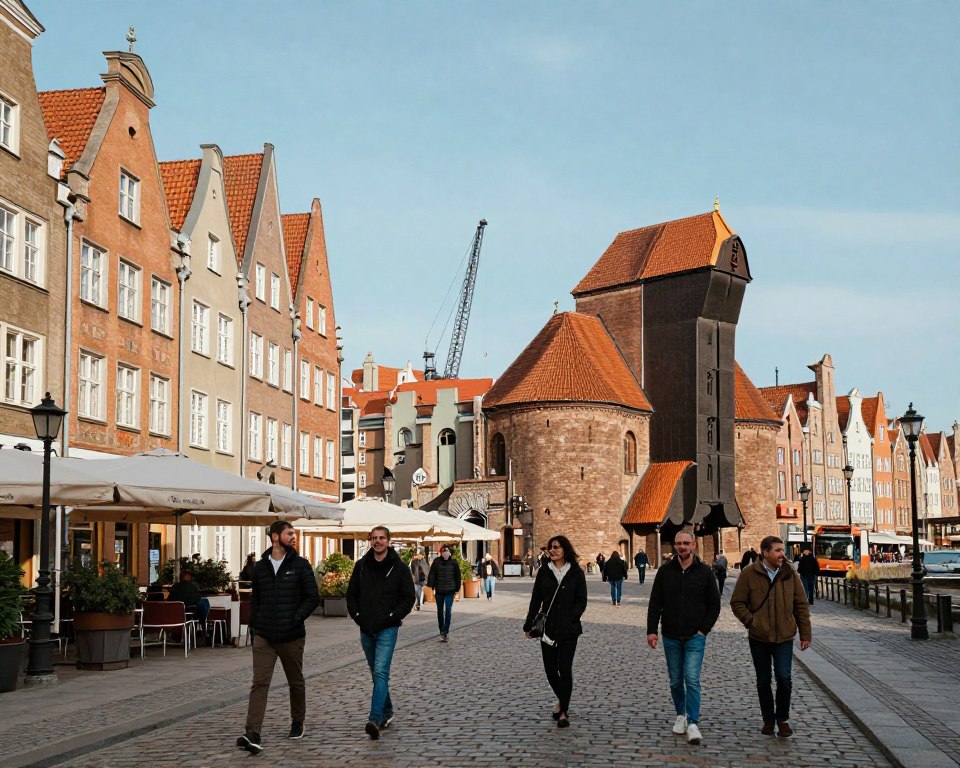 A picturesque street scene in the historic city of Gdańsk, Poland, showcasing traces of the Free City of Gdańsk era. In the foreground, cobblestone paths are lined with charming, old buildings featuring distinct architecture reflecting the period. Middle ground includes local pedestrians in modest casual clothing, exploring the area, with smiles on their faces, capturing the atmosphere of discovery. The background reveals iconic landmarks like the Gothic-style St. Mary’s Church and the medieval Gdańsk Crane, under a clear blue sky. Soft, warm lighting sets a nostalgic mood, while a low-angle view adds depth to the scene, inviting viewers to immerse themselves in the rich history and culture of the city. A picturesque street scene in the historic city of Gdańsk, Poland, showcasing traces of the Free City of Gdańsk era. In the foreground, cobblestone paths are lined with charming, old buildings featuring distinct architecture reflecting the period. Middle ground includes local pedestrians in modest casual clothing, exploring the area, with smiles on their faces, capturing the atmosphere of discovery. The background reveals iconic landmarks like the Gothic-style St. Mary’s Church and the medieval Gdańsk Crane, under a clear blue sky. Soft, warm lighting sets a nostalgic mood, while a low-angle view adds depth to the scene, inviting viewers to immerse themselves in the rich history and culture of the city.