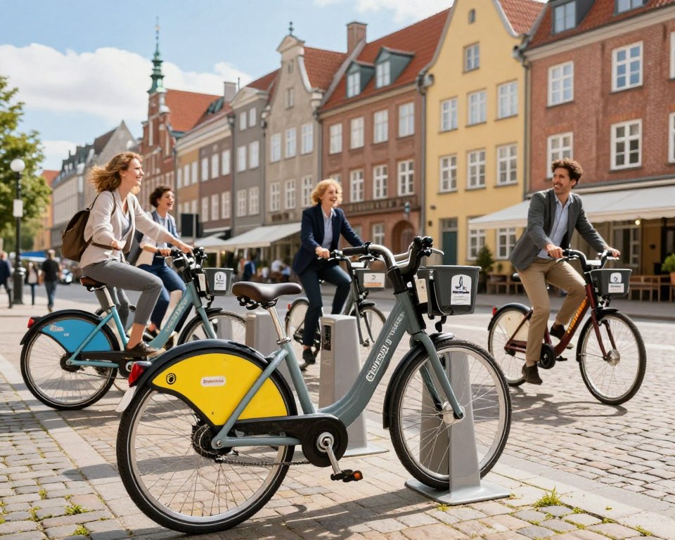 A picturesque urban scene showcasing a public bike rental station in Gdańsk, with bright, inviting colors. In the foreground, a sleek, modern bicycle stands prominently, with its rental sign visible, inviting users to explore the city. In the middle ground, a diverse group of people, dressed in professional business attire, joyfully preparing to ride, displaying enthusiasm for the bike-sharing experience. The background features charming Gdańsk architecture, like colorful townhouses and cobblestone streets, under a clear blue sky. Soft, natural lighting enhances the vibrant colors and suggests a warm, pleasant day, while a slight lens blur on the background creates depth, emphasizing the excitement of urban cycling and the convenience of bike rentals.