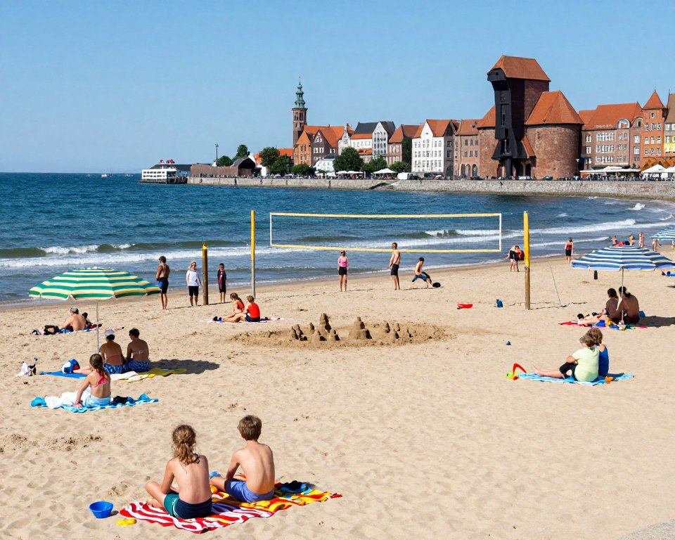A picturesque view of Gdańsk beaches showcasing vibrant attractions and amenities along the coastline. In the foreground, families enjoy the sandy beach, lounging on colorful beach towels, and children playing with beach toys. In the middle, beachgoers are seen engaging in various activities such as beach volleyball and constructing sandcastles. Sun umbrellas of various colors dot the scene. The background features gentle waves lapping at the shore, with the iconic Gdańsk waterfront and historic buildings visible under a clear blue sky. Captured in bright, natural daylight to convey a lively, cheerful atmosphere. Use a wide-angle lens to enhance the sense of space and vibrancy, ensuring everything appears warm and inviting. A picturesque view of Gdańsk beaches showcasing vibrant attractions and amenities along the coastline. In the foreground, families enjoy the sandy beach, lounging on colorful beach towels, and children playing with beach toys. In the middle, beachgoers are seen engaging in various activities such as beach volleyball and constructing sandcastles. Sun umbrellas of various colors dot the scene. The background features gentle waves lapping at the shore, with the iconic Gdańsk waterfront and historic buildings visible under a clear blue sky. Captured in bright, natural daylight to convey a lively, cheerful atmosphere. Use a wide-angle lens to enhance the sense of space and vibrancy, ensuring everything appears warm and inviting.