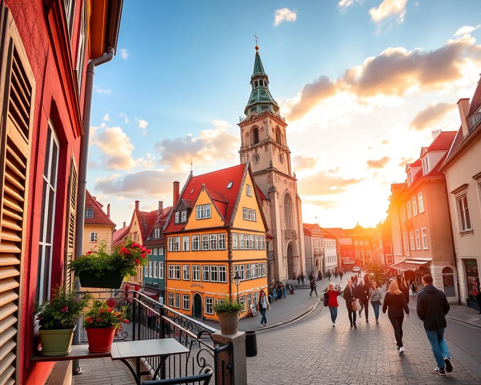 A picturesque view of Gdańsk's Old Town, showcasing a charming street lined with colorful, historic buildings featuring intricate facades. In the foreground, a cozy apartment balcony adorned with potted flowers and a small bistro table set for two, inviting relaxation. The middle ground shows pedestrians strolling along the cobblestone streets, dressed in casual, smart attire, enjoying the vibrant atmosphere. In the background, the iconic St. Mary's Church towers above the skyline, bathed in golden hour light, casting a warm glow over the scene. The sky is a soft blue with fluffy white clouds, creating a serene ambiance. The image captures the allure of Gdańsk’s rich history and inviting accommodations, emphasizing a welcoming and picturesque atmosphere. A picturesque view of Gdańsk's Old Town, showcasing a charming street lined with colorful, historic buildings featuring intricate facades. In the foreground, a cozy apartment balcony adorned with potted flowers and a small bistro table set for two, inviting relaxation. The middle ground shows pedestrians strolling along the cobblestone streets, dressed in casual, smart attire, enjoying the vibrant atmosphere. In the background, the iconic St. Mary's Church towers above the skyline, bathed in golden hour light, casting a warm glow over the scene. The sky is a soft blue with fluffy white clouds, creating a serene ambiance. The image captures the allure of Gdańsk’s rich history and inviting accommodations, emphasizing a welcoming and picturesque atmosphere.