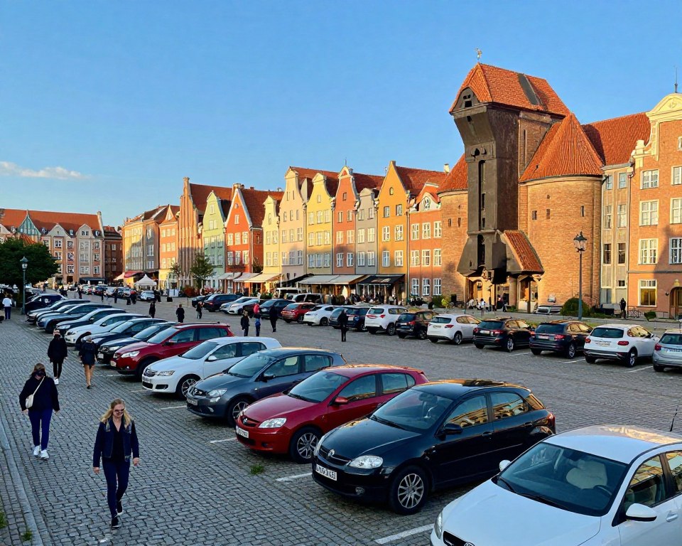 A picturesque view of Gdańsk's Stare Miasto, showcasing a vibrant parking area surrounded by historic architecture. In the foreground, a well-maintained parking lot features parked cars of varying colors, neatly lined up. The middle ground captures charming cobblestone streets, with pedestrians wearing stylish, modest clothing, enjoying the atmosphere. In the background, the iconic colorful buildings of Stare Miasto rise under a clear blue sky, with soft, warm sunlight illuminating the scene, casting gentle shadows. The camera angle is slightly elevated, giving a panoramic perspective that emphasizes the bustling yet organized environment. The mood is inviting and lively, reflecting why parking in Gdańsk's Stare Miasto is a sought-after choice for visitors.