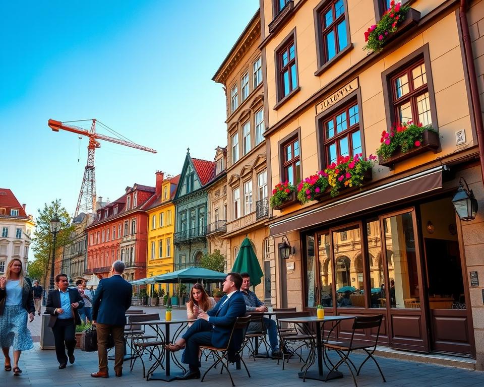 A picturesque view of Gdańsk's Starówka, showcasing a charming hotel with a historic facade adorned with vibrant flowers in window boxes. In the foreground, a cozy outdoor café with small tables and neatly arranged chairs, where travelers, dressed in professional business attire, enjoy a leisurely morning. The middle ground captures elegant, colorful townhouses with intricate architectural details, giving a sense of the rich history of the area. In the background, the iconic Gdańsk crane rises against a bright blue sky, illuminated by warm, soft lighting of the late afternoon sun, creating a welcoming atmosphere. The composition is framed from a slightly elevated angle, offering a clear view of the bustling street, inviting viewers to explore this vibrant travel destination. A picturesque view of Gdańsk's Starówka, showcasing a charming hotel with a historic facade adorned with vibrant flowers in window boxes. In the foreground, a cozy outdoor café with small tables and neatly arranged chairs, where travelers, dressed in professional business attire, enjoy a leisurely morning. The middle ground captures elegant, colorful townhouses with intricate architectural details, giving a sense of the rich history of the area. In the background, the iconic Gdańsk crane rises against a bright blue sky, illuminated by warm, soft lighting of the late afternoon sun, creating a welcoming atmosphere. The composition is framed from a slightly elevated angle, offering a clear view of the bustling street, inviting viewers to explore this vibrant travel destination.
