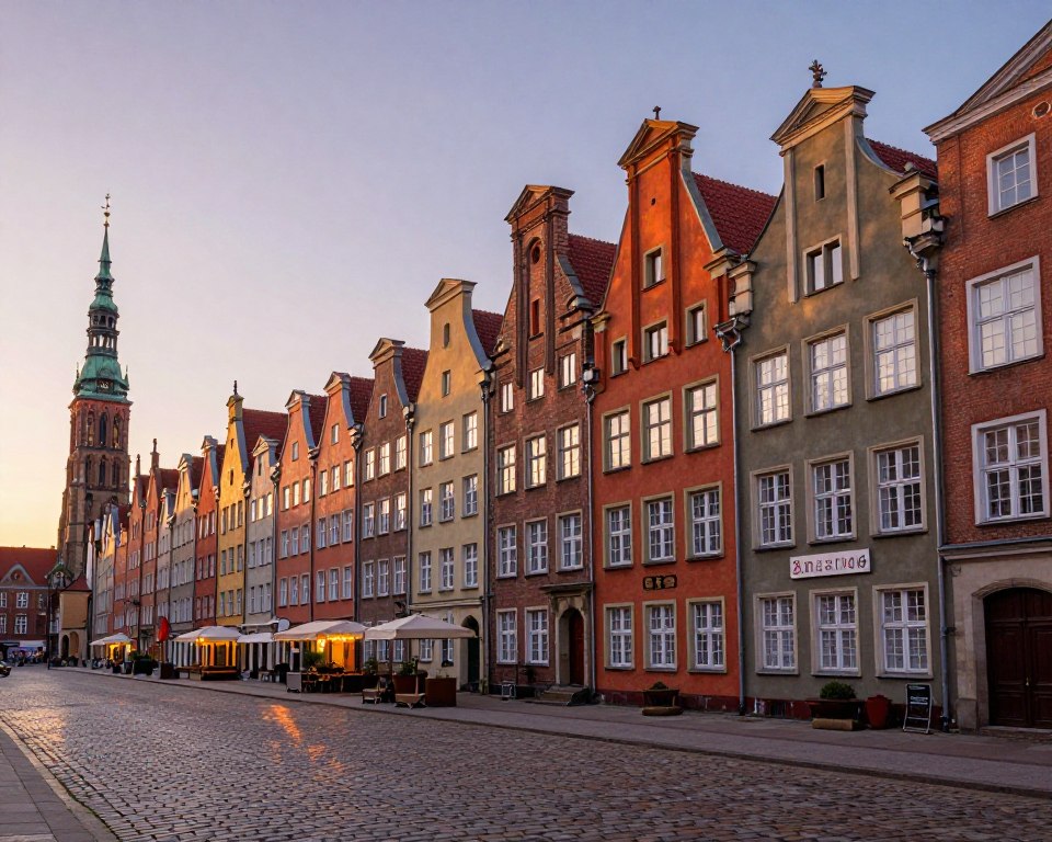 A picturesque view of Gdańsk's historic Gothic and Baroque tenement houses lining Ulica Mariacka, showcasing their intricate facades and elegant details. In the foreground, cobblestone streets reflect soft golden light from the setting sun, creating a warm, inviting atmosphere. The middle ground features the vibrant colors of the buildings, adorned with decorative elements such as ornamental gables and colorful window frames. Tall, narrow structures rise majestically, with whimsical chimneys peeking out. In the background, the silhouette of St. Mary’s Church adds depth to the scene, framed by a twilight sky. The image captures the charm and character of Gdańsk, evoking a sense of nostalgia and tranquility, as if inviting viewers to stroll through this enchanting street. A picturesque view of Gdańsk's historic Gothic and Baroque tenement houses lining Ulica Mariacka, showcasing their intricate facades and elegant details. In the foreground, cobblestone streets reflect soft golden light from the setting sun, creating a warm, inviting atmosphere. The middle ground features the vibrant colors of the buildings, adorned with decorative elements such as ornamental gables and colorful window frames. Tall, narrow structures rise majestically, with whimsical chimneys peeking out. In the background, the silhouette of St. Mary’s Church adds depth to the scene, framed by a twilight sky. The image captures the charm and character of Gdańsk, evoking a sense of nostalgia and tranquility, as if inviting viewers to stroll through this enchanting street.