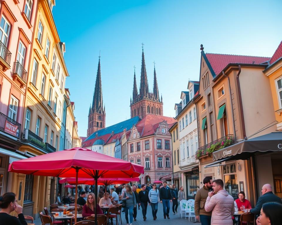 A picturesque view of Gdańsk's historic Old Town, focusing on charming hotels with colorful facades and traditional architecture. In the foreground, include a quaint cafe with outdoor seating, where patrons enjoy coffee and pastries under vibrant umbrellas, wearing casual yet stylish clothing. The middle ground features well-preserved buildings with decorative details, and a lively street with people strolling, evoking a sense of community and warmth. In the background, towering church steeples rise against a clear blue sky, bathed in soft, golden afternoon light. The atmosphere is inviting and vibrant, capturing the essence of local attractions and vibrant gastronomy in the heart of Gdańsk. Use a wide-angle lens to encompass the lively street scene, enhancing the depth and richness of the backdrop. A picturesque view of Gdańsk's historic Old Town, focusing on charming hotels with colorful facades and traditional architecture. In the foreground, include a quaint cafe with outdoor seating, where patrons enjoy coffee and pastries under vibrant umbrellas, wearing casual yet stylish clothing. The middle ground features well-preserved buildings with decorative details, and a lively street with people strolling, evoking a sense of community and warmth. In the background, towering church steeples rise against a clear blue sky, bathed in soft, golden afternoon light. The atmosphere is inviting and vibrant, capturing the essence of local attractions and vibrant gastronomy in the heart of Gdańsk. Use a wide-angle lens to encompass the lively street scene, enhancing the depth and richness of the backdrop.