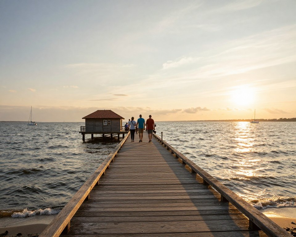 A picturesque view of Molo Brzeźno in Gdańsk, showcasing its wooden pier extending into the serene waters of the Gdańsk Bay. In the foreground, include the weathered wooden planks of the pier, with soft waves lapping at the sides. In the middle ground, depict families and visitors walking along the pier in modest casual clothing, enjoying the warm sunlight and scenic views. The background features gentle waves and distant sailboats, with the sun setting on the horizon, casting a golden hue across the sky. Use a wide-angle lens to capture the grandeur of the pier and the tranquil atmosphere, evoking a sense of peace and nostalgia. The overall mood is warm and inviting, perfect for a summer day by the sea.