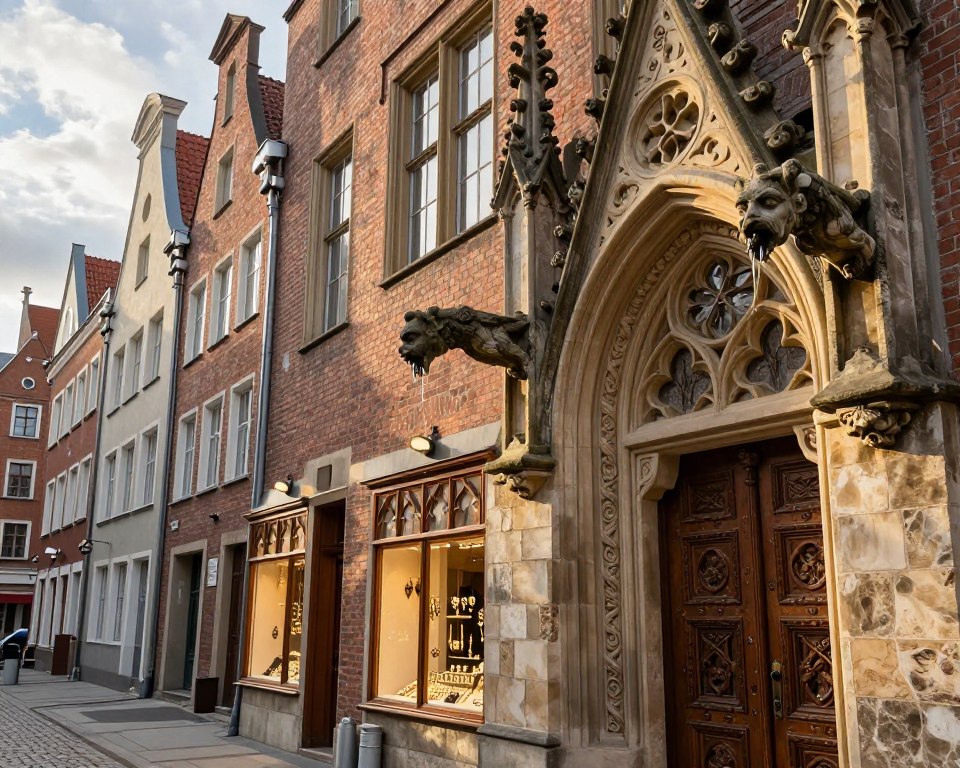 A picturesque view of an architectural gem on Ulica Mariacka in Gdańsk, highlighting intricately designed gargoyles and elegant door thresholds. In the foreground, showcase ornate stone gargoyles perched above a gothic-style entryway, their expressive faces dripping with the water they divert. The middle ground features beautifully carved wooden doors of a traditional amber jewelry shop, showcasing the artistry of local craftsmanship. The background reveals charming brick buildings with rich historical textures, under soft afternoon sunlight filtering through clouds, enhancing the warm hues of the stone. Capture this scene from a slightly elevated angle to allow viewers to appreciate the details of the thresholds and gargoyles, creating a mood of timeless beauty and cultural heritage. The atmosphere should feel inviting and serene, reflecting the enchanting character of Gdańsk's architecture. A picturesque view of an architectural gem on Ulica Mariacka in Gdańsk, highlighting intricately designed gargoyles and elegant door thresholds. In the foreground, showcase ornate stone gargoyles perched above a gothic-style entryway, their expressive faces dripping with the water they divert. The middle ground features beautifully carved wooden doors of a traditional amber jewelry shop, showcasing the artistry of local craftsmanship. The background reveals charming brick buildings with rich historical textures, under soft afternoon sunlight filtering through clouds, enhancing the warm hues of the stone. Capture this scene from a slightly elevated angle to allow viewers to appreciate the details of the thresholds and gargoyles, creating a mood of timeless beauty and cultural heritage. The atmosphere should feel inviting and serene, reflecting the enchanting character of Gdańsk's architecture.