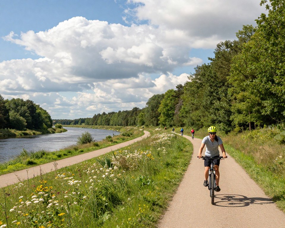 A picturesque view of cycling trails in the scenic outskirts of Gdańsk, featuring well-maintained bike paths winding through lush green forests and along serene riversides. In the foreground, a cyclist wearing a bright yellow helmet and casual sportswear pedals enthusiastically, embodying the spirit of adventure. The middle ground showcases diverse landscapes, including flowering meadows and dense woodlands, with other cyclists enjoying the trails in the distance. Large, fluffy clouds drift across a clear blue sky, casting soft light over the scene, creating a warm and inviting atmosphere. The angle is slightly elevated, giving a broad perspective of the bike paths leading deeper into the tranquil nature, highlighting the beauty of outdoor cycling experiences. The image should evoke a sense of exploration and the joy of cycling beyond city limits, with no added text or distractions.